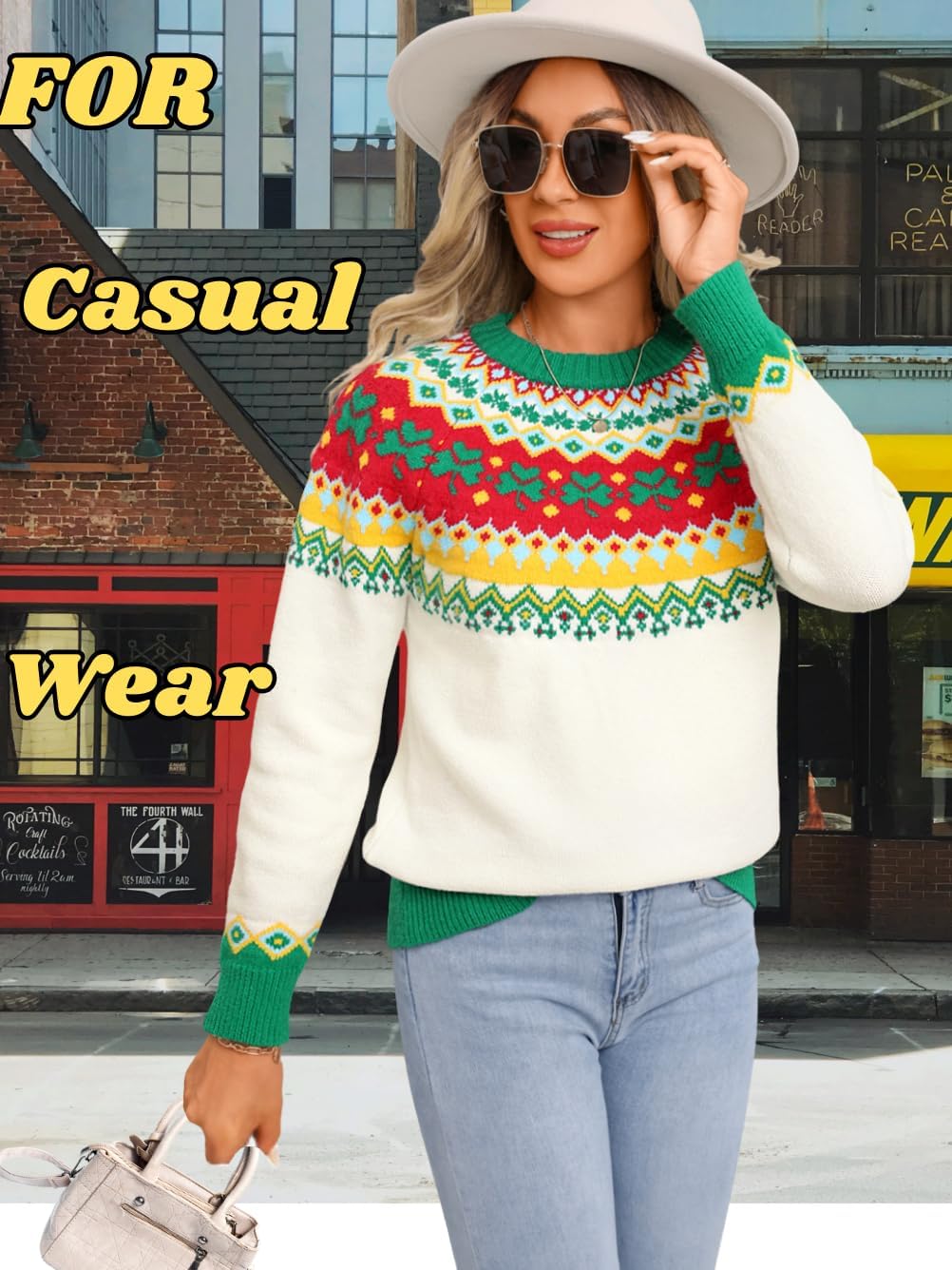 Women's Fair Isle Sweater, Lucky Clover Patterned Chunky Knit 2026 Spring Holiday Pullover - Image 3