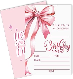 Pink Bow Invitation for Birthday, Pink Birthday Party Invite for Girls, 20 pcs Invitation Card with Envelopes, Bday Shower Invitations, Party Favors & Decorations (4''x 6'') -A02