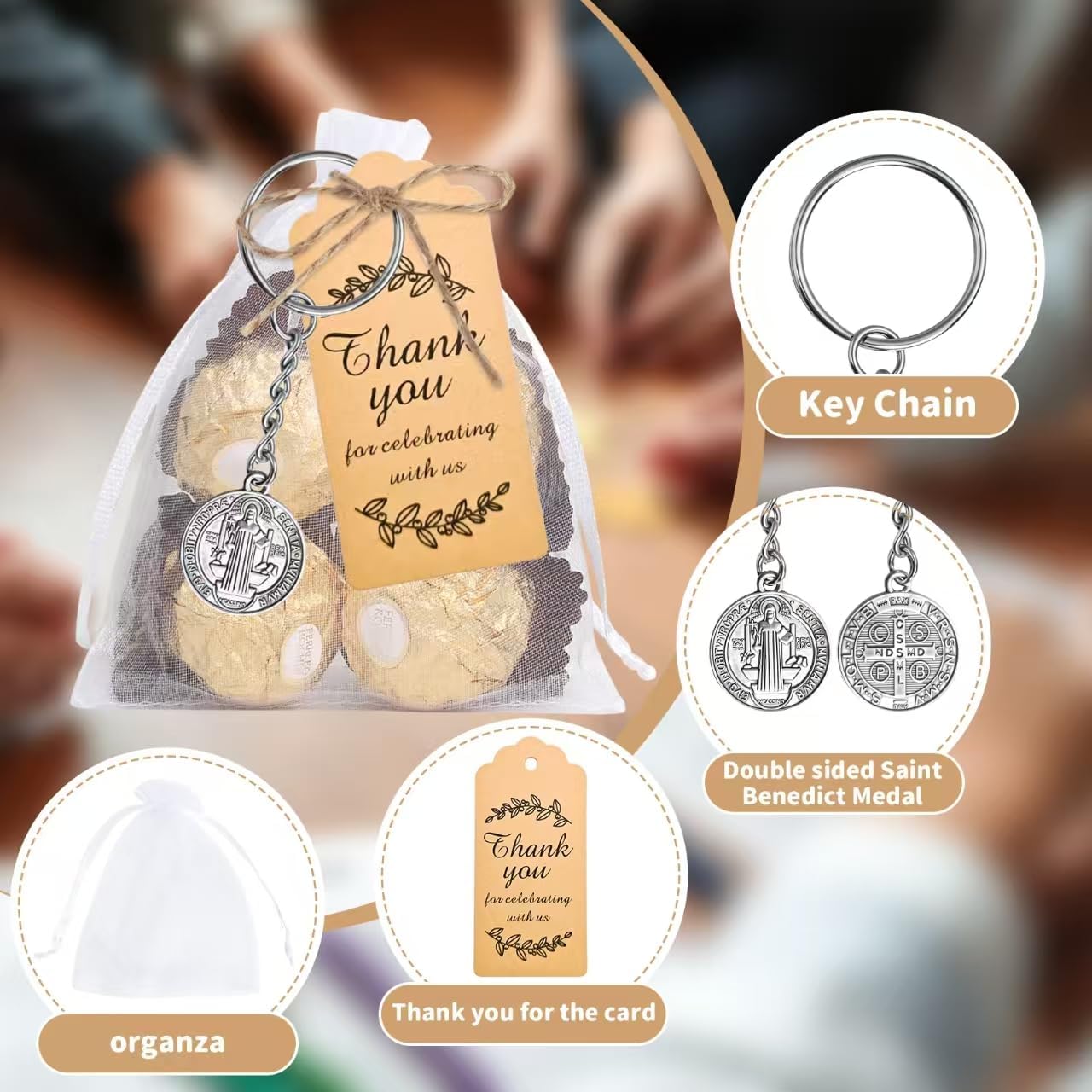 50Pcs St Benedict Medal Keychain, Cross Protection Saint Pendant with Organza Bags Kraft Tag Jute Rope Pocket Prayer Medal Catholic Baptism Charms Religious Amulet Gift