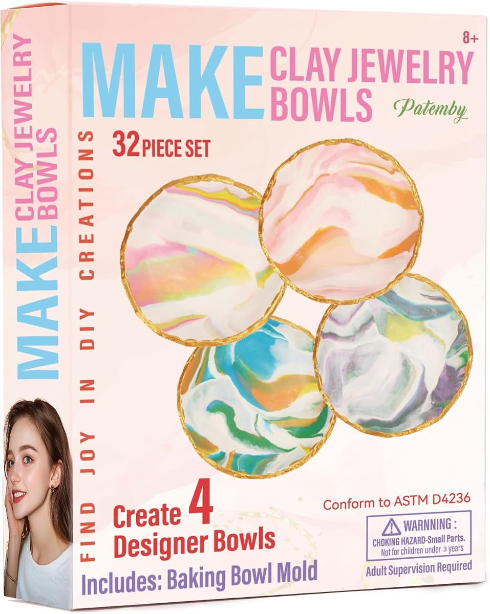 Patemby Haz tu propio kit de manualidades y cuencos de joyería de arcilla para niñas adolescentes | Incluye molde para tazón para hornear, divertido regalo de cumpleaños para niños de 8, 9, 10, 11, 12, 13 y 14 años, juego para hacer platos de arcilla polimérica DIY