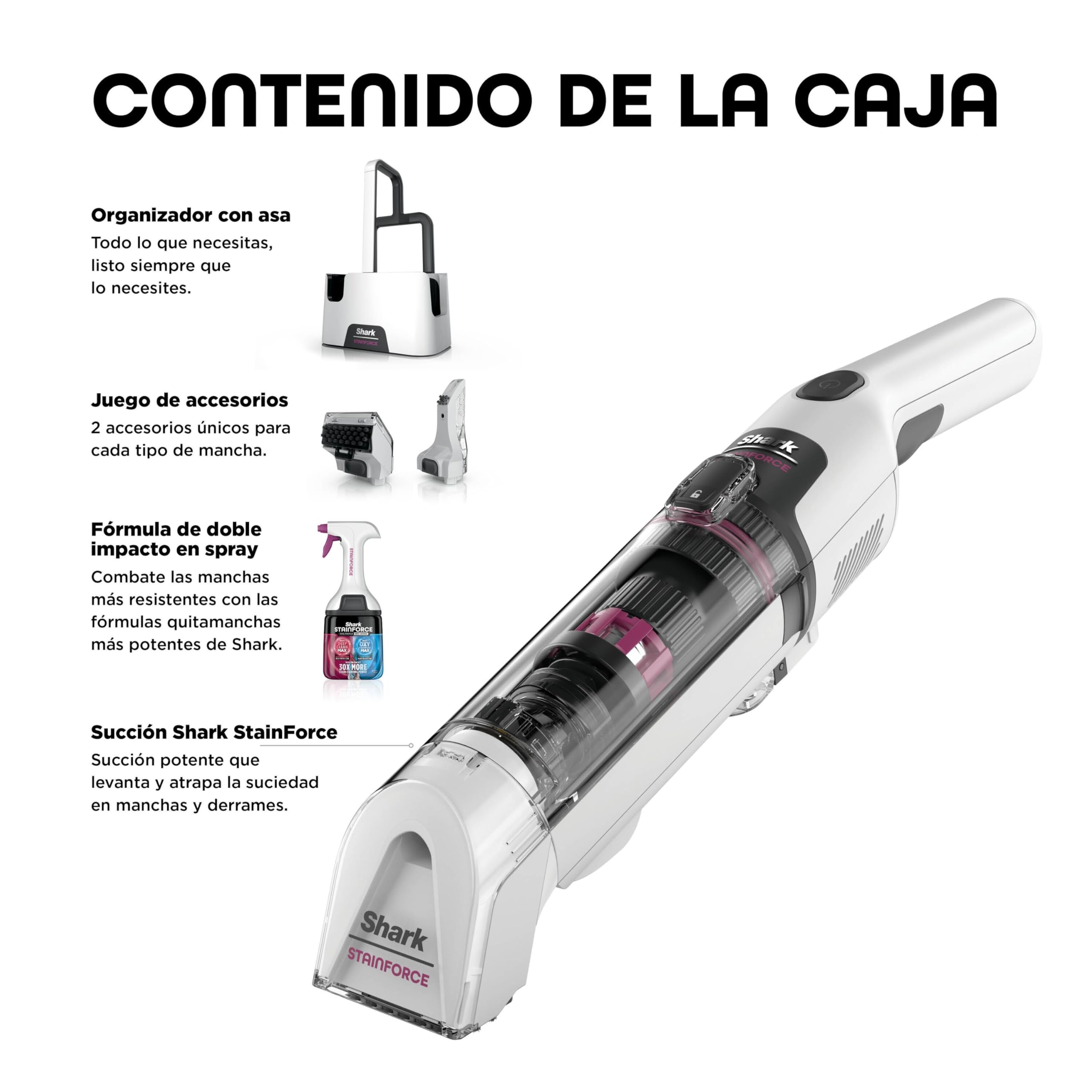 Shark StainForce, Eliminación de manchas y olores en alfombras, moquetas, tapicería, escaleras y coches, diseño ligero y portátil con organizador, accesorios y solución de limpieza total, HX100EUT