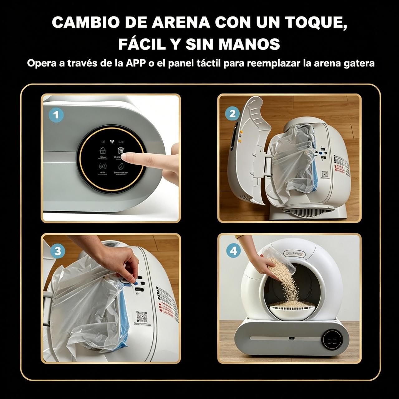 PGD​​SGA Arenero Automático para Gatos Autolimpiable con App, 65+9L, Desodorización por Iones Negativos, Control Inteligente de Seguridad, Incluye 5 Rollos de Bolsas, Ideal para Varios Gatos