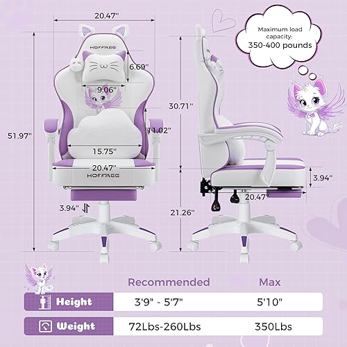 Miniatura 2 de HOFFREE Silla de Juegos para Niñas con Orejas de Gato y Masaje en la Zona Lumbar en Forma de Nube, Linda Silla de Computadora con Reposapiés, Sillas
