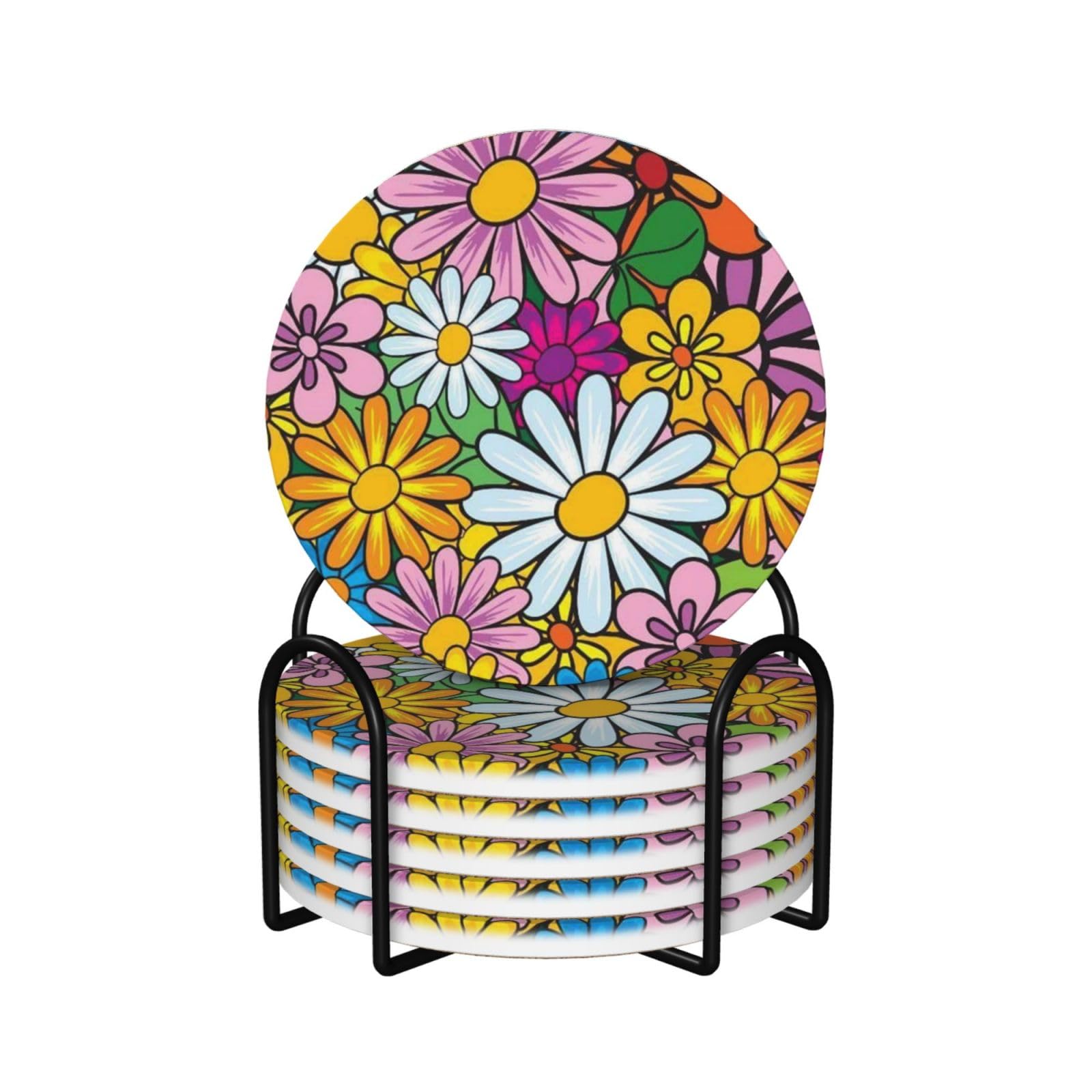 Dessous de verre en céramique lot de 6 avec support métal motif fleurs mignonnes