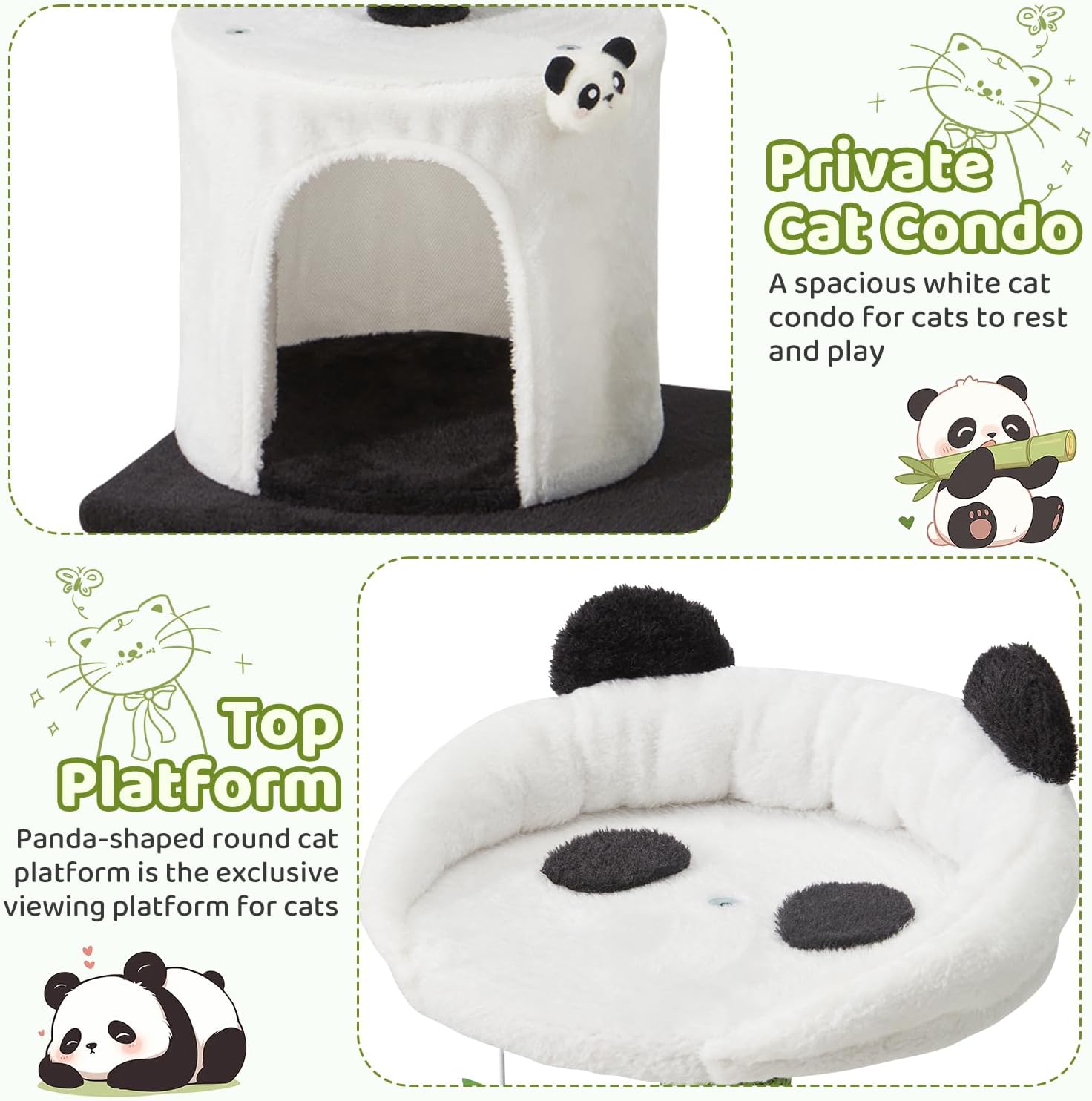 Erinnyees Panda Cat Tree, 30.7" Cat Tower with Self Groomer, Scratching Post, Cat Condo and Hang Ball, Bamboo Leaf Shape Design