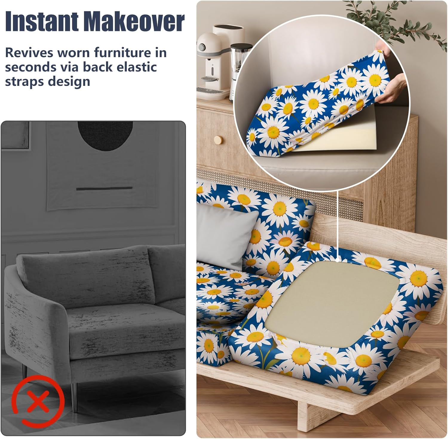 4Pcs Patio Stretch Cushion Covers, Outdoor Couch & Sofa Replacement Slipcovers for Patio Furniture Cushion Covers, Washable Reusable Furniture Protector, Square Large, Daisy Flower