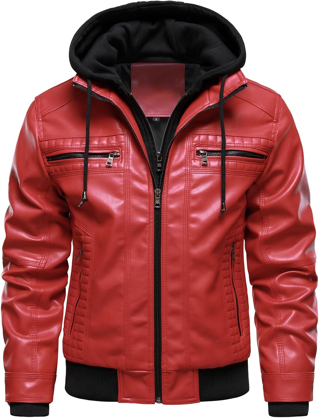 HOOD CREW Men Faux Leather Jacket with Detachable Hood Casual Motorcycle Bomber Jackets Outerwear