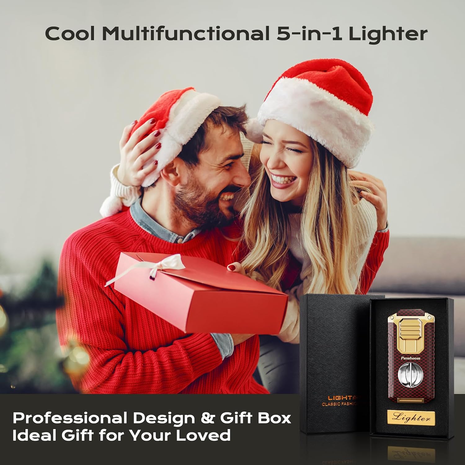 Torch Lighter, 5-in-1 Windproof Lighter with V Cutter, Punch, Needle, Holder, and Triple Jet Flames, Multifunctional Accessories with Gift Box, Cool Butane Lighter for Men (Without Butane)