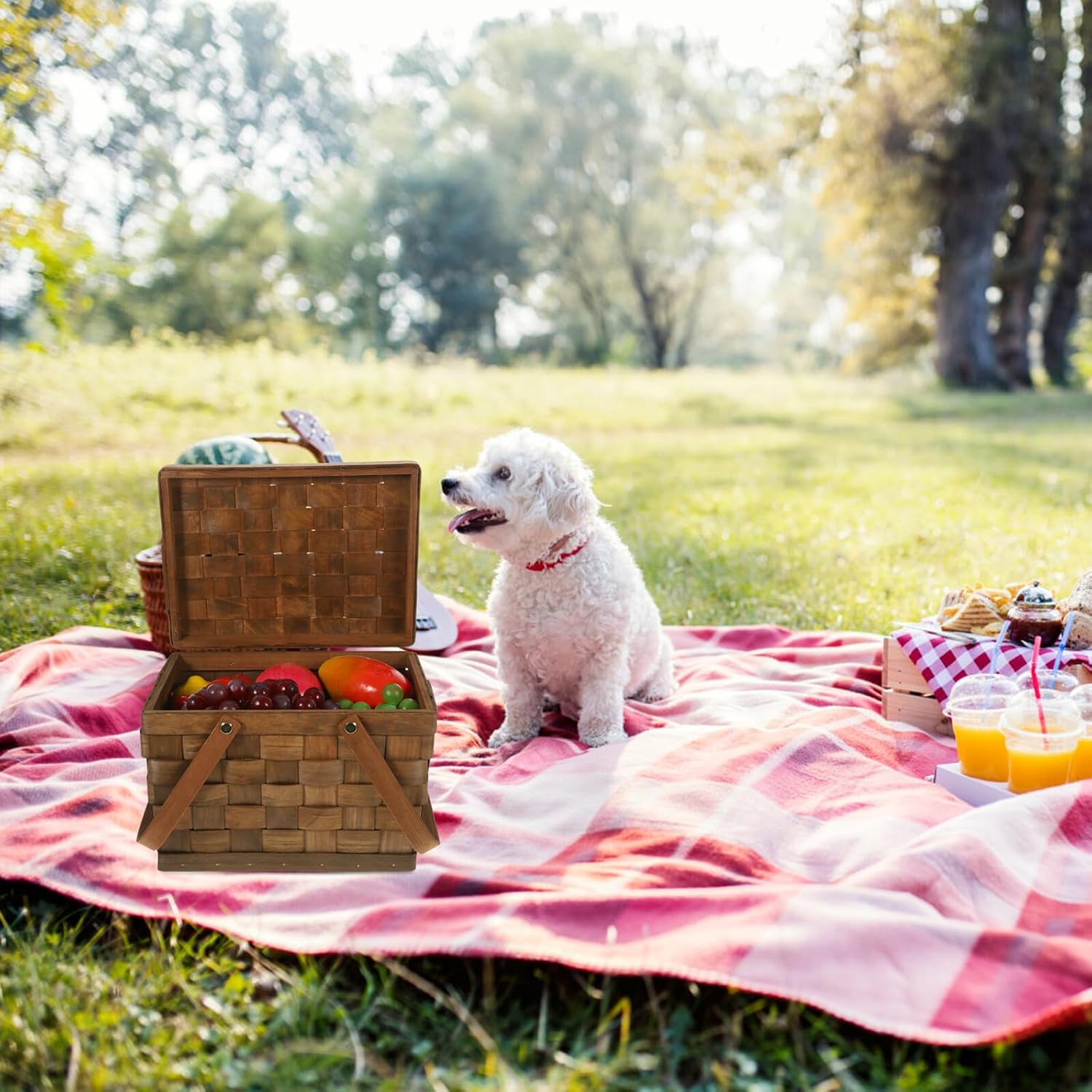Vintage Wood Chip Woven Picnic Basket with Lid and Double Handles, Dark Multipurpose Food Storage Basket for Outdoor Picnic and Home Organization, Decorative Snack and Berry