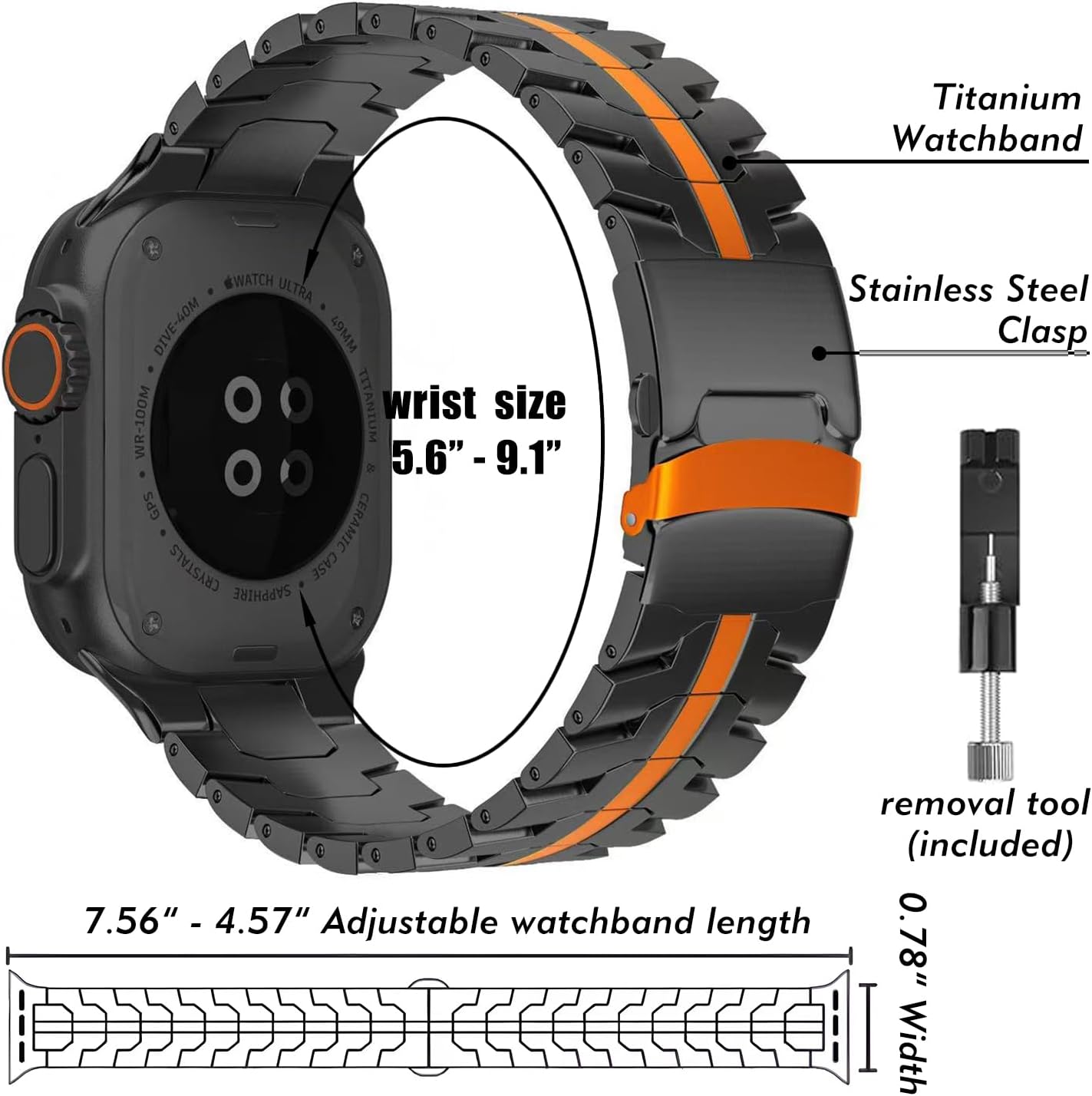 Titanium Band Compatible with Apple Watch Ultra 3/2/1 (49mm) & Series 11/10 (46/45mm) - Lightweight& Scratch-Resistant TA1 Titanium, Adjustable Replacement Strap with Folding Clasp