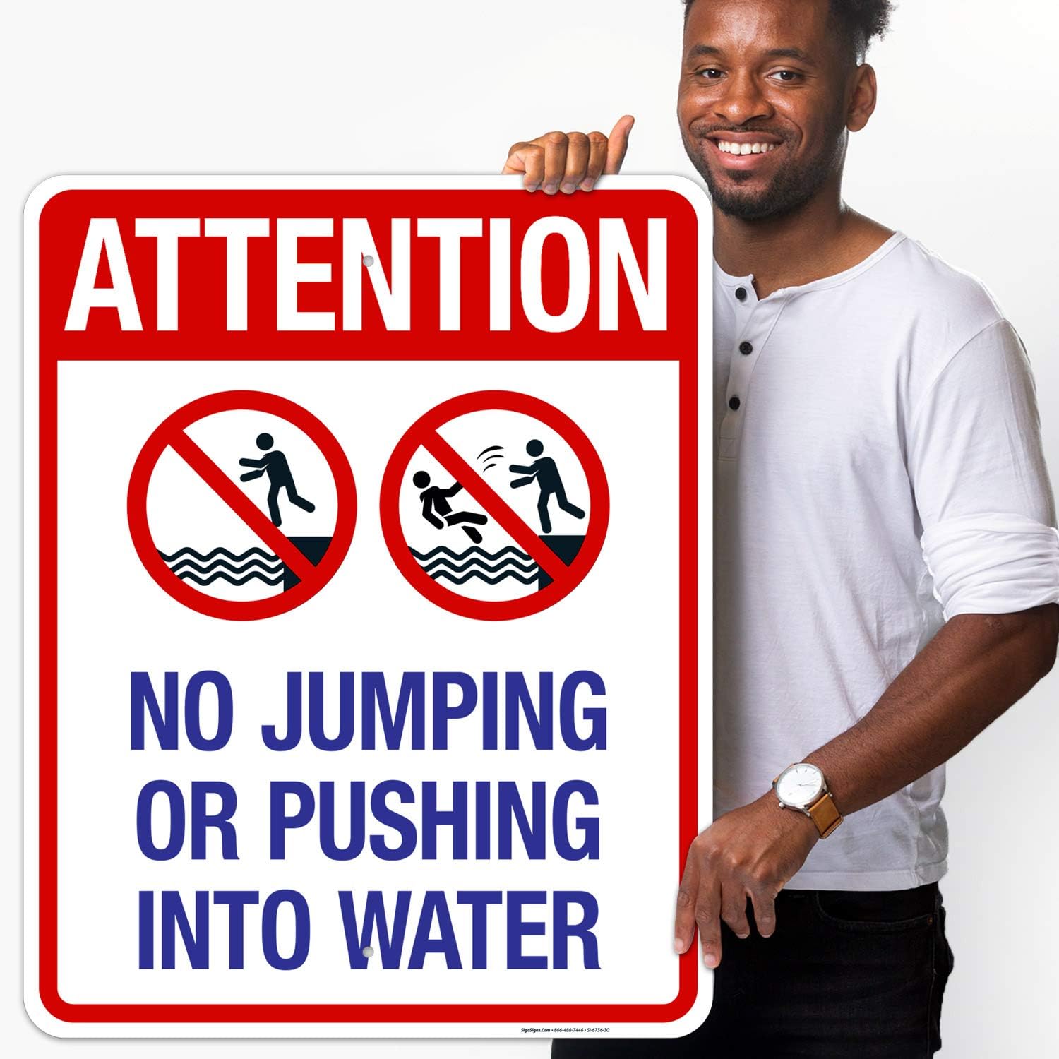 Attention No Jumping Or Pushing Into Water Sign, Pool Sign, 24x30 Inches, 55 mil Thick HDPS (High Density Polystyrene), Made in USA