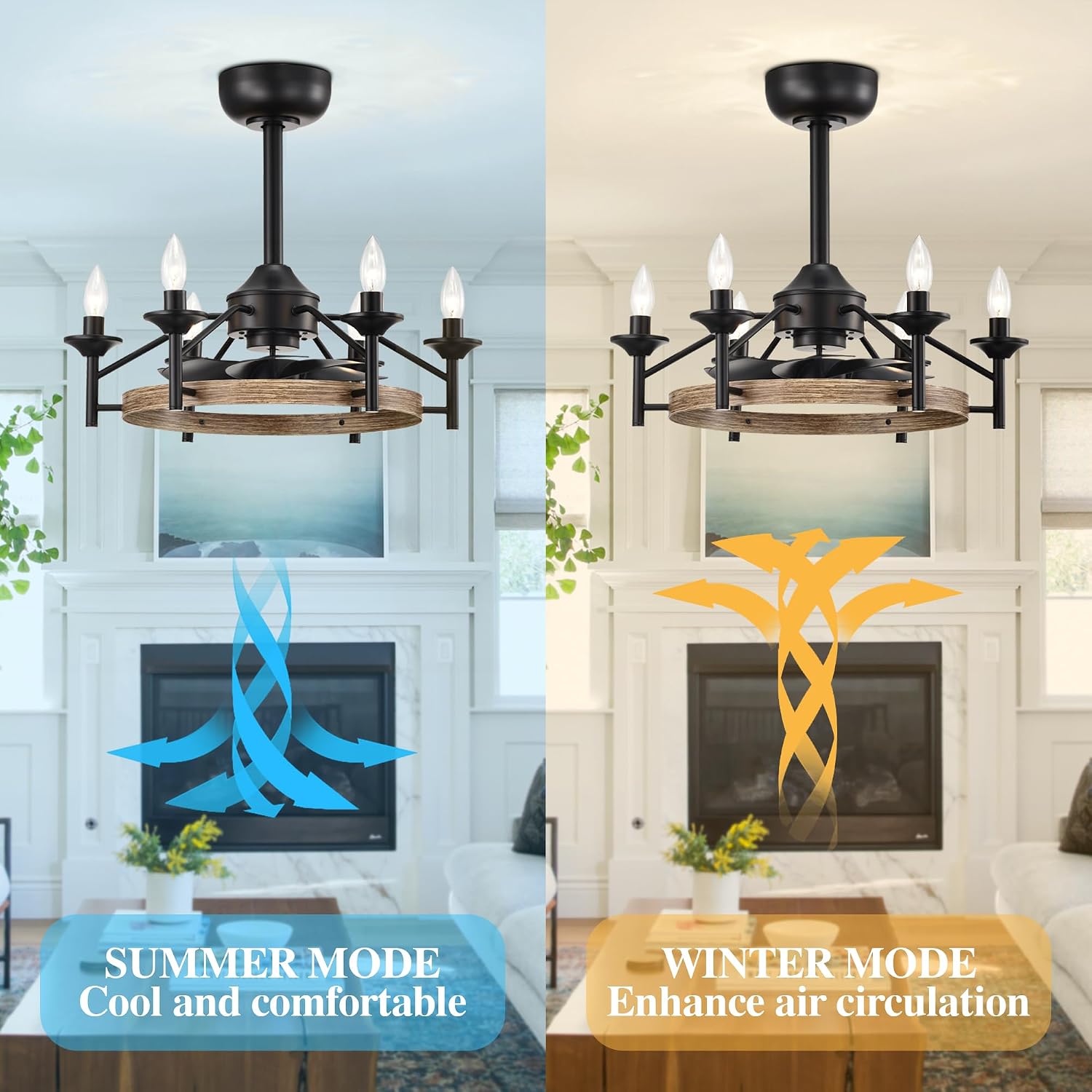 Maxax 21” Ceiling Fan with Lights and Remote, Modern Farmhouse Fan Light for Living Room,Caged Ceiling Fan with Light, Black Wood Grain Rustic Chandelier Candles, Reversible (Bulbs Not Included)