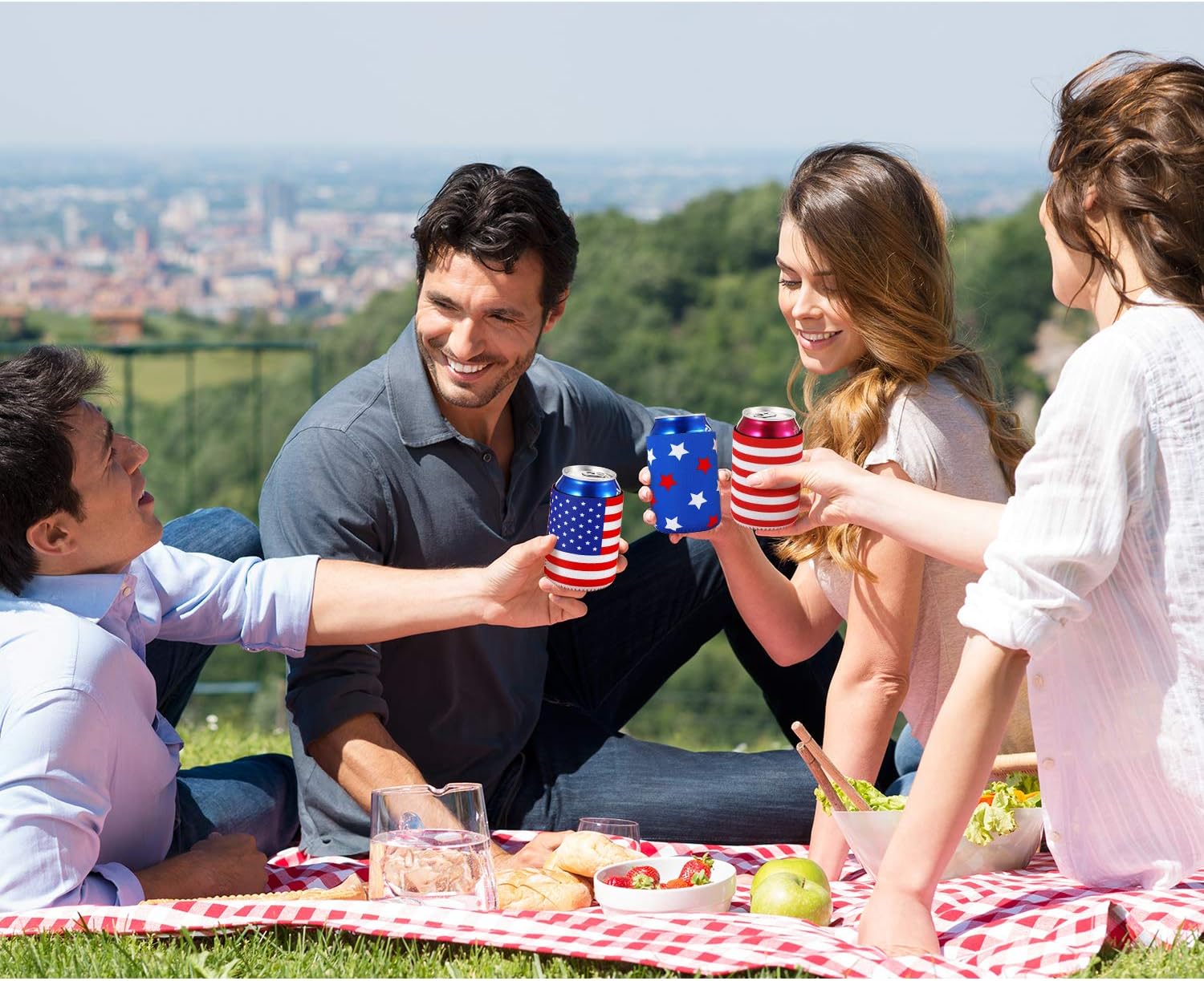 Boao 12 Pcs 4th of July Can Cooler Sleeve 250th Anniversary Flag Patriotic Beer Drink Bottle Can Covers Star Red Blue USA Flag Accessories for Memorial Day Independence Decorations Party Supplies