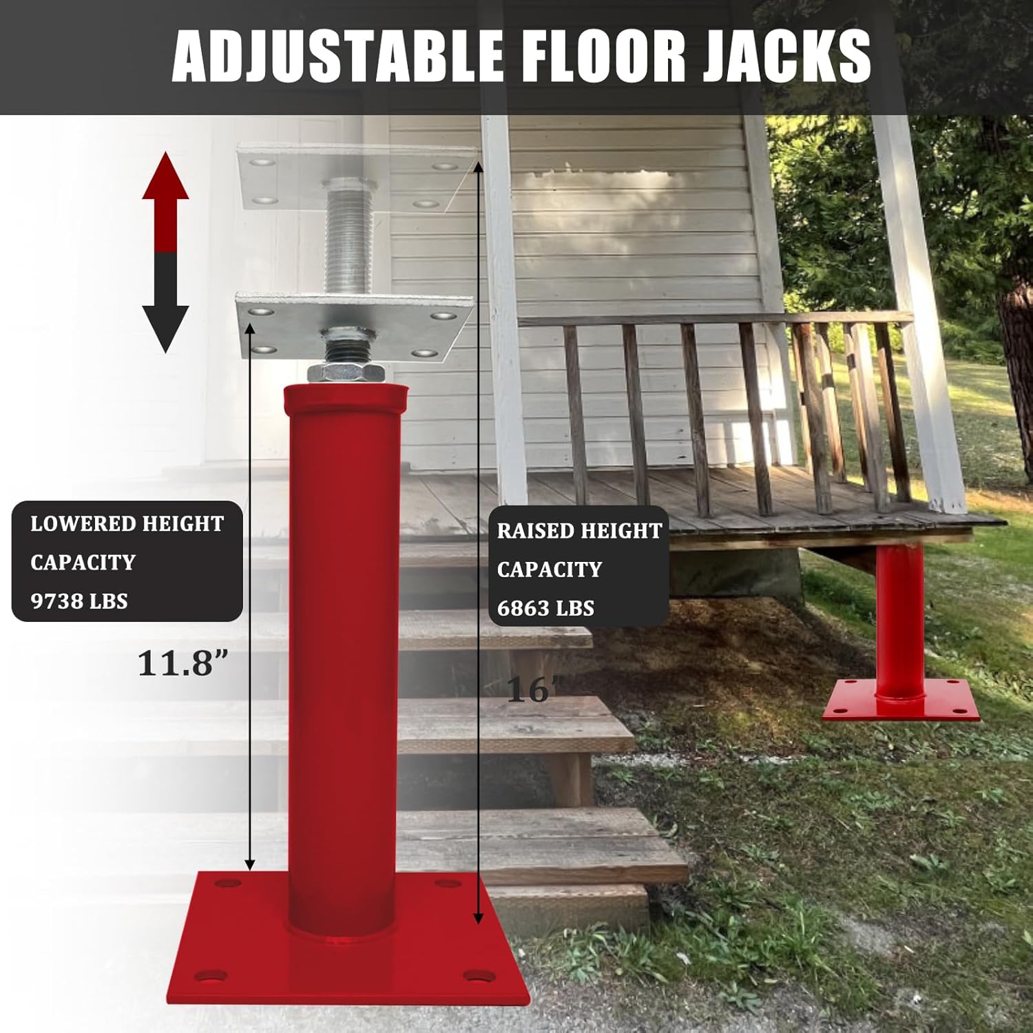 House Jacks for Leveling Crawlspace, 11" -16" Height Range，9920 lbs to 6860 lbs Height Capacity (Each)，Floor Jacks Joist Beam Brace for Cellar Ceiling - Screw Pole Jack, 4 Packs