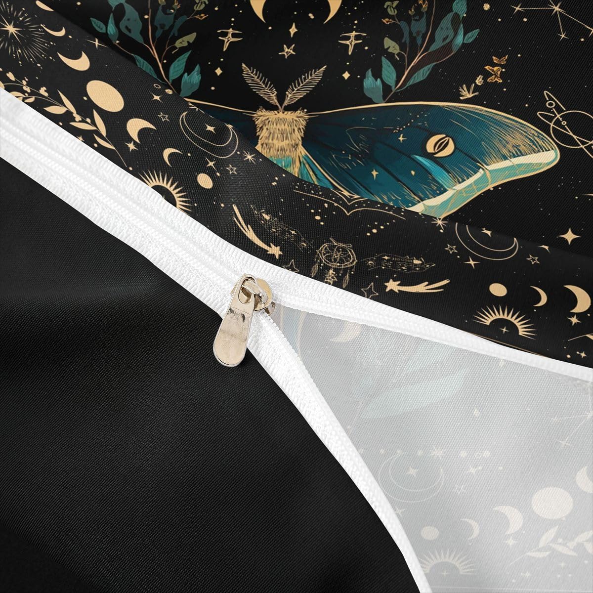 Erosebridal Teal Moth Duvet Cover Queen Gold Moon Phases Bedding Set Boho Florals Comforter Cover for Kids Girls Boys Adults Mystical Starry Galaxy Aesthetic Bed Set