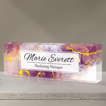 Office Desk Name Plate Personalized, Custom Name Plate for Desks, Acrylic Glass Office Desk Decor, Custom Employee Appreciation Gifts Purple Gold Marble
