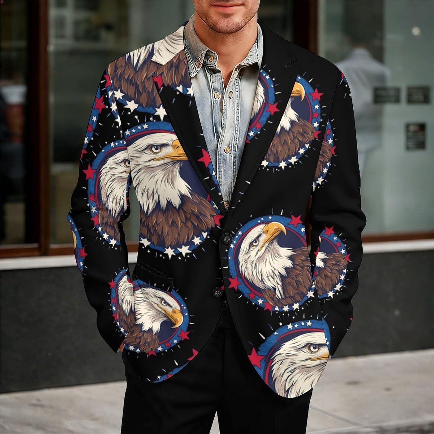 Bald Eagle1 4th of July Suits Blazer for Men Two Buttons Business Jacket Coat Wedding Dinner Party