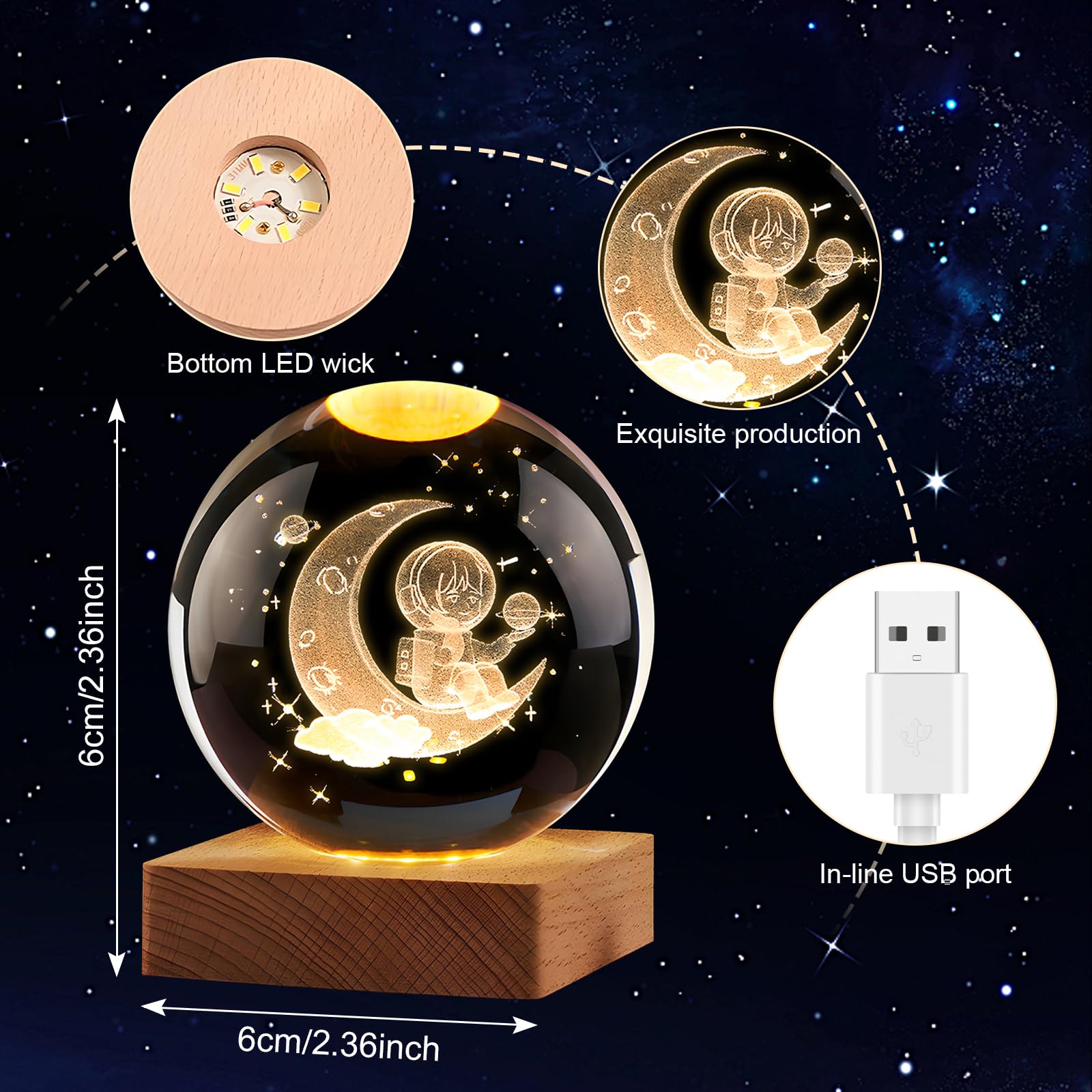 Image secondaire de Boule Cristal 3D Astronaute avec Éclairage LED - Décoration Élégante pour Noël et Chambre