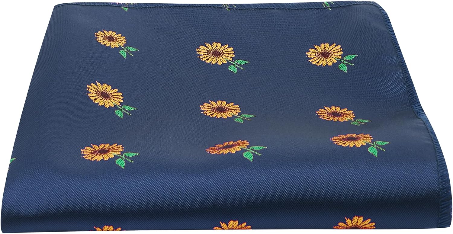 King & Priory Navy Blue Embroidered Sunflower Pocket Square, Handkerchief