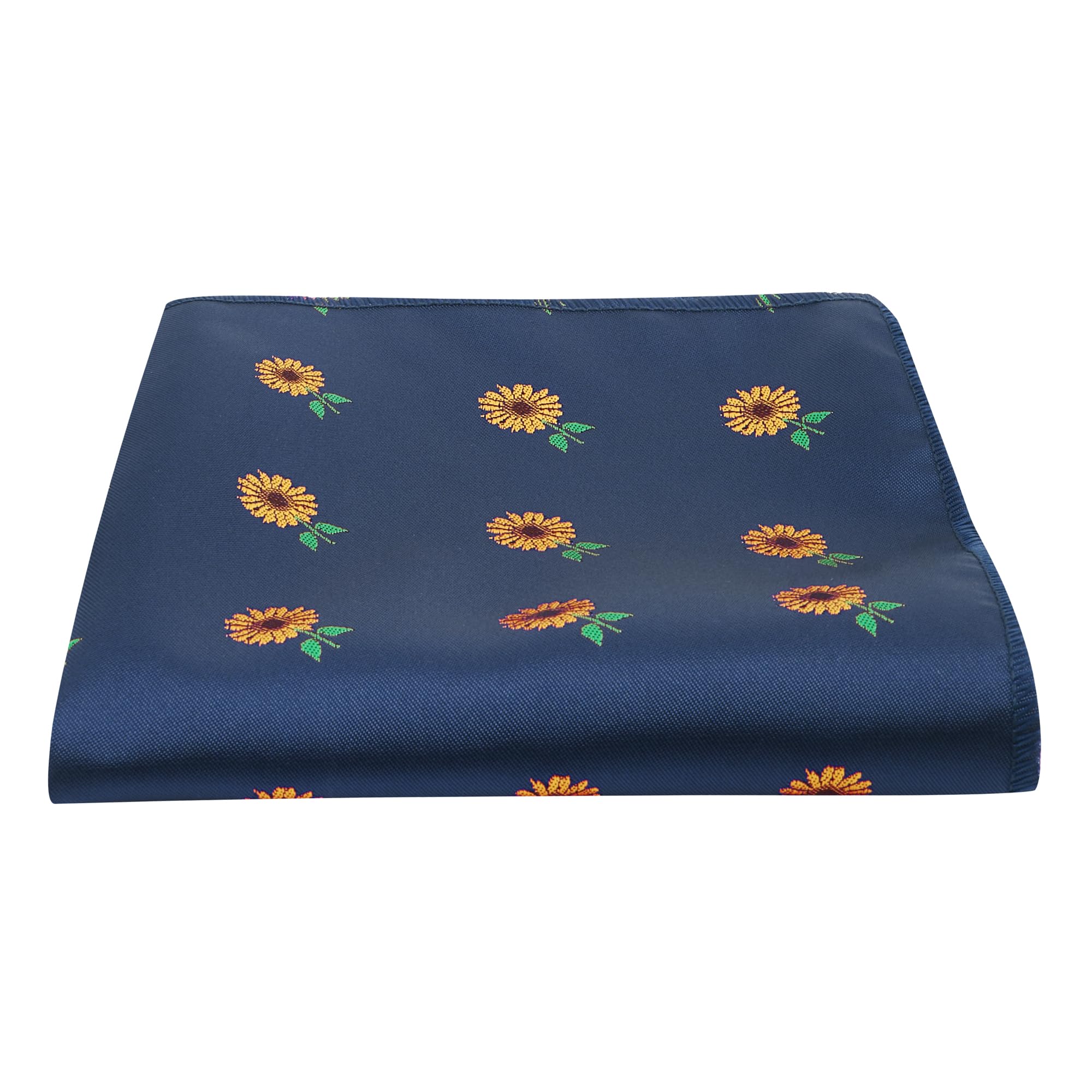 King & Priory Navy Blue Embroidered Sunflower Pocket Square, Handkerchief