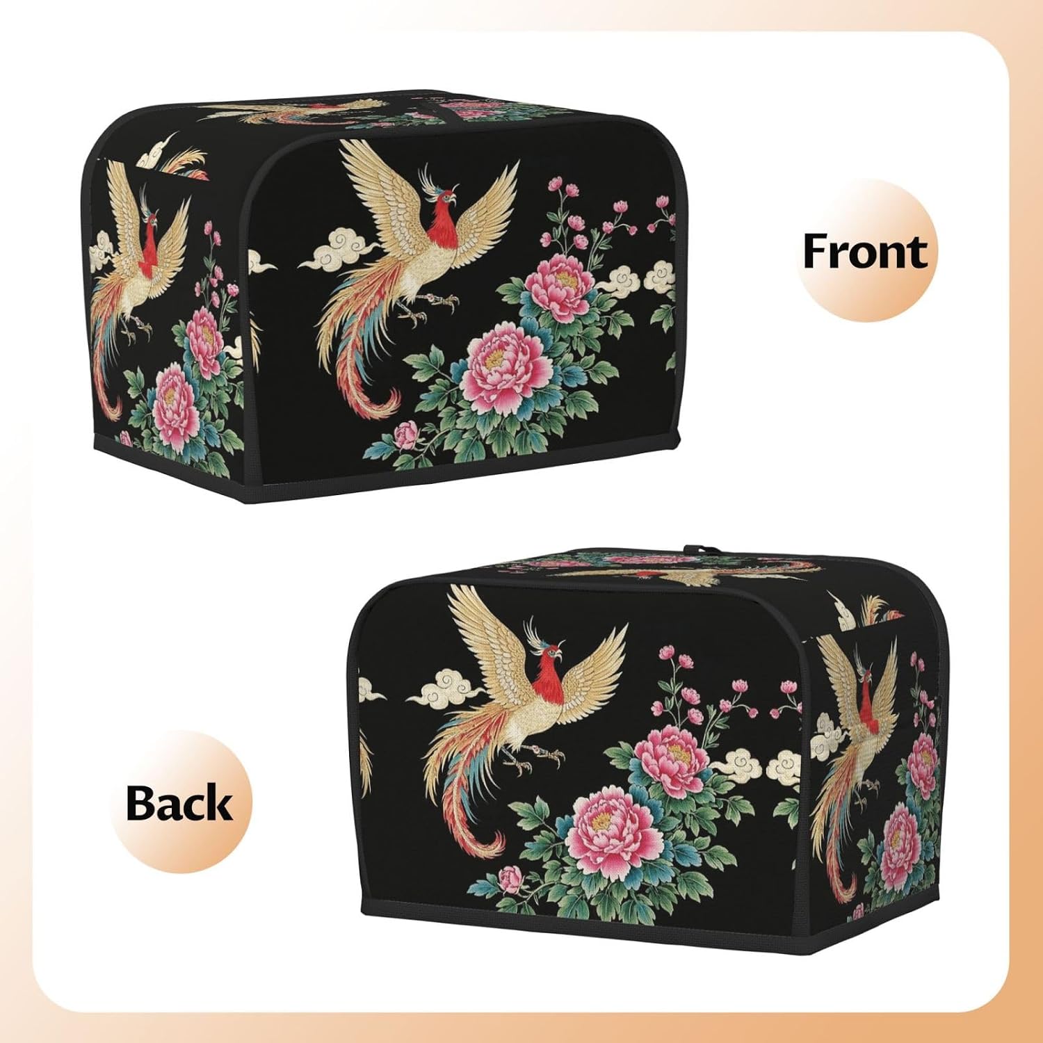 Embroidery of Golden Phoenix Toaster Cover 2 Slice, Waterproof Bread Machine Covers with Pockets Universal Size Kitchen Small Appliance Cover with Handle, Dust and Fingerprint Protection