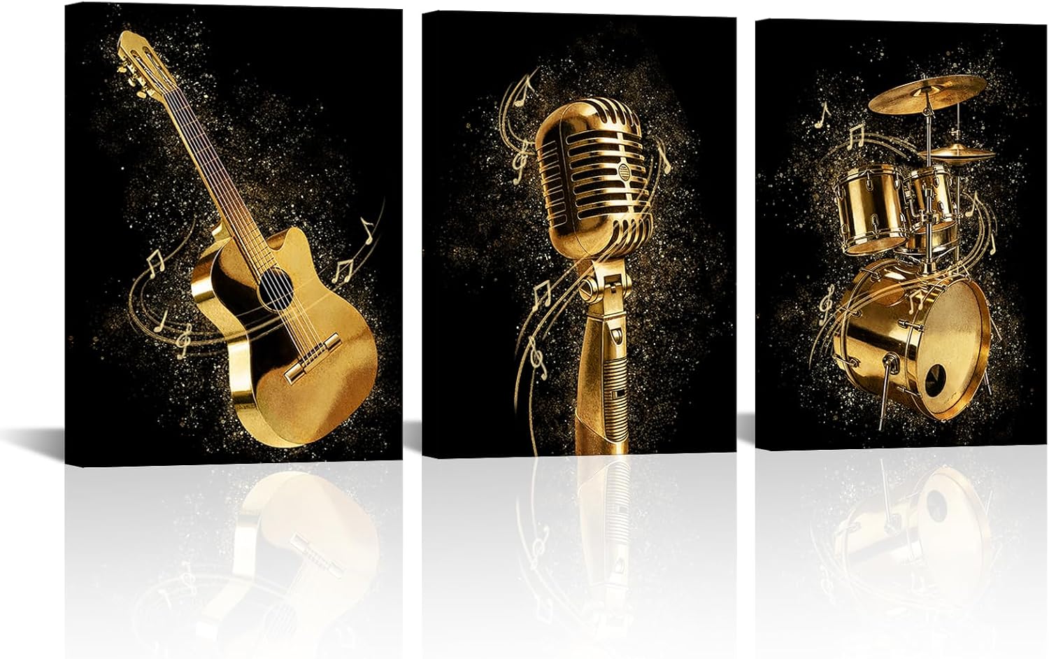 iLOOKLiKE 3 Piece Music Wall Art Guitar Microphone Drum Set Canvas Prints Black and Gold Musical Instrument Pictures for Studio Club Home Decoration 12x16inchx3Pcs
