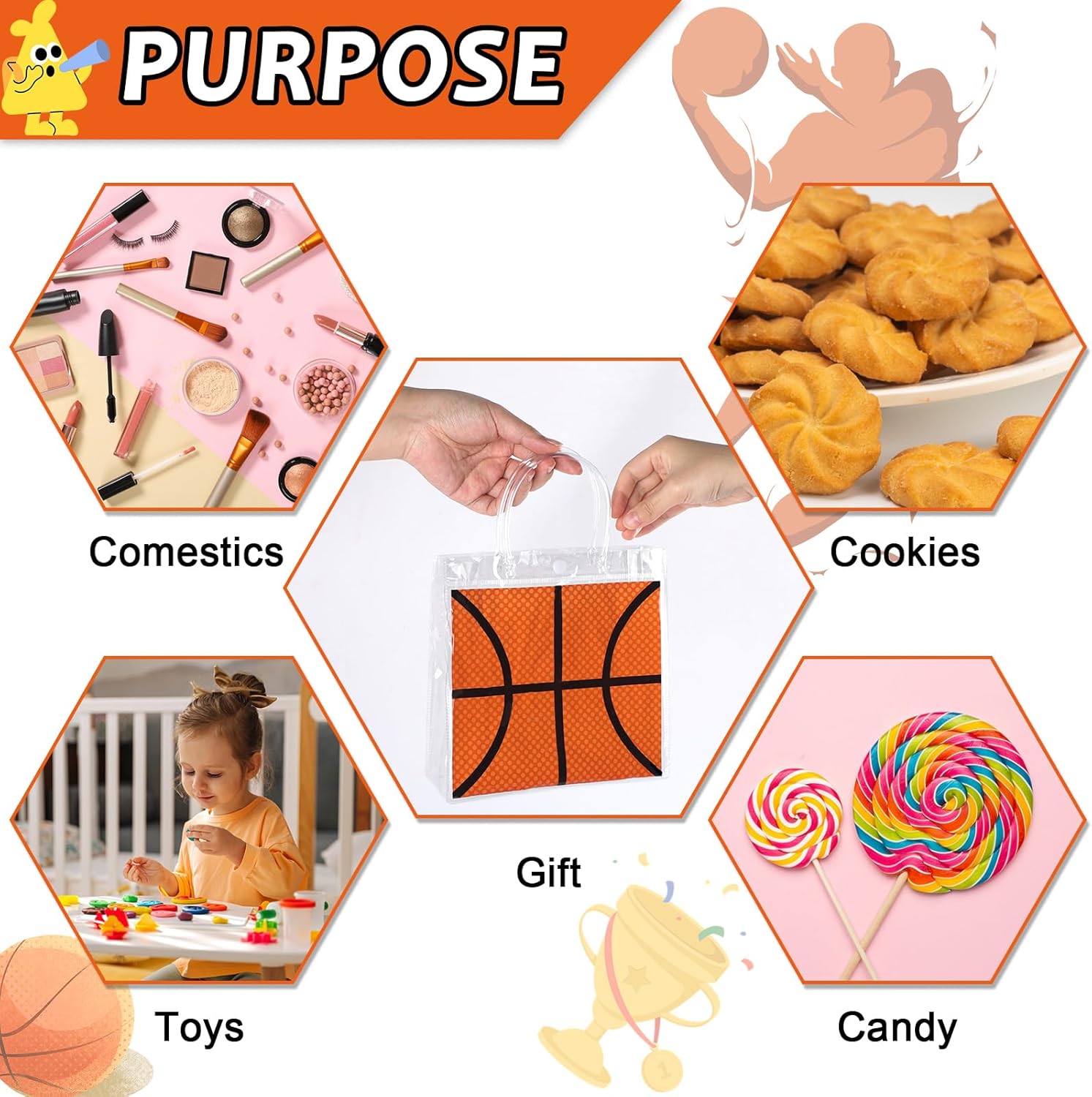 24Pcs Basketball Clear PVC Gift Bags with Handles Bulk 8 x 8 x 3In Sport Theme Goodie Treat Candy Bags Basketball Team Present Wrap Tote Bag for Boys Birthday Party Favor Baby Shower Decors Supplies - Image 3