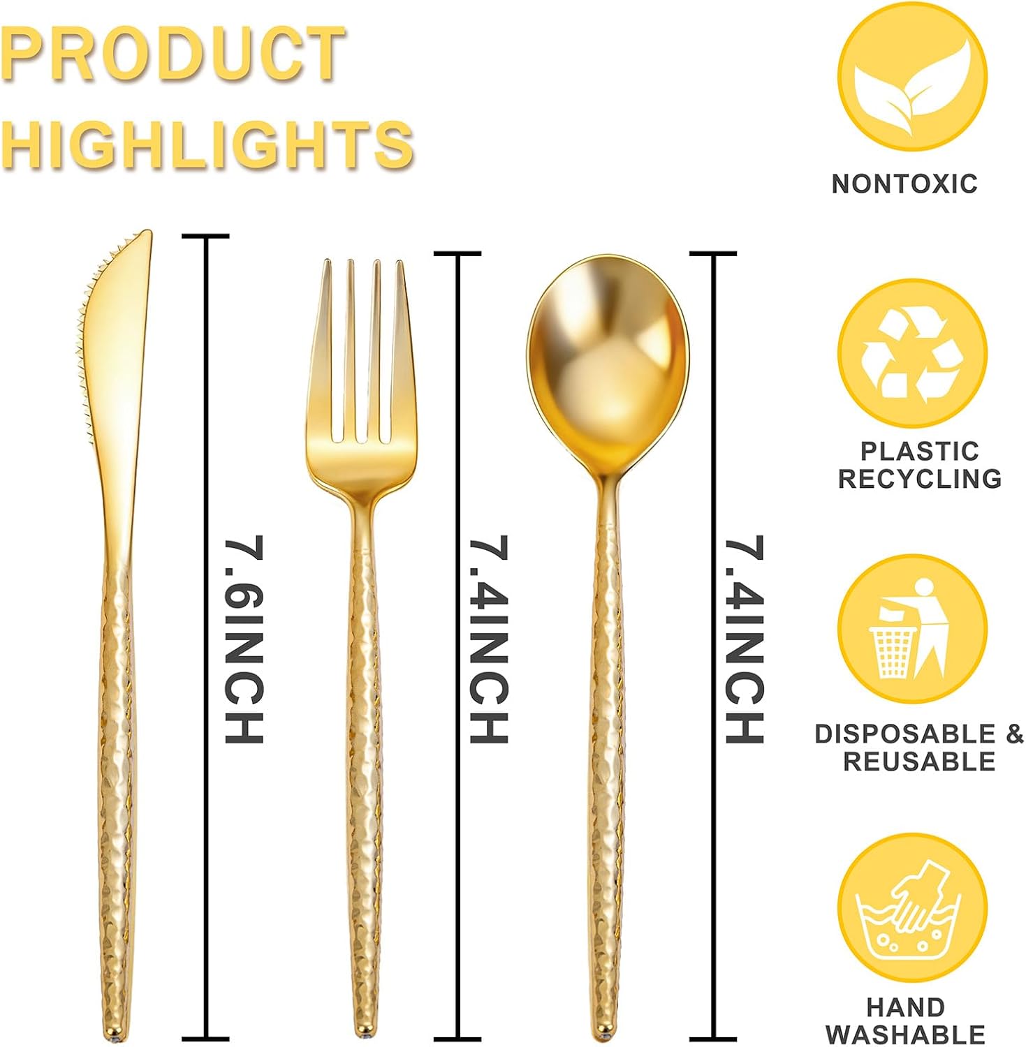 Rubtlamp 90Pcs Gold Plastic Silverware, Gold Disposable Utensils, Hammered Plastic Silverware, Gold Plastic Forks And Spoons Set Include 30 Forks, 30 Knives,30 Spoons For Daily Use