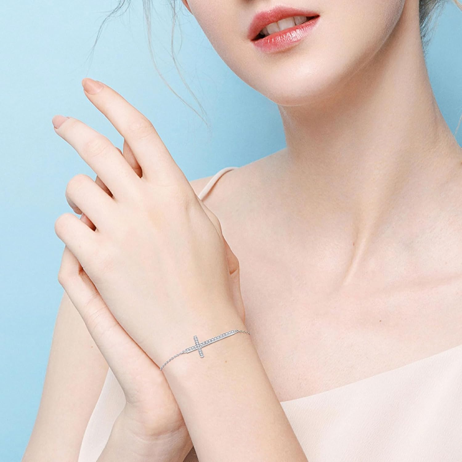 Cross Bracelet 925 Sterling Silver Sideway Faith Cross Religious Bracelet Birthday Christmas Jewelry for Women - Image 2