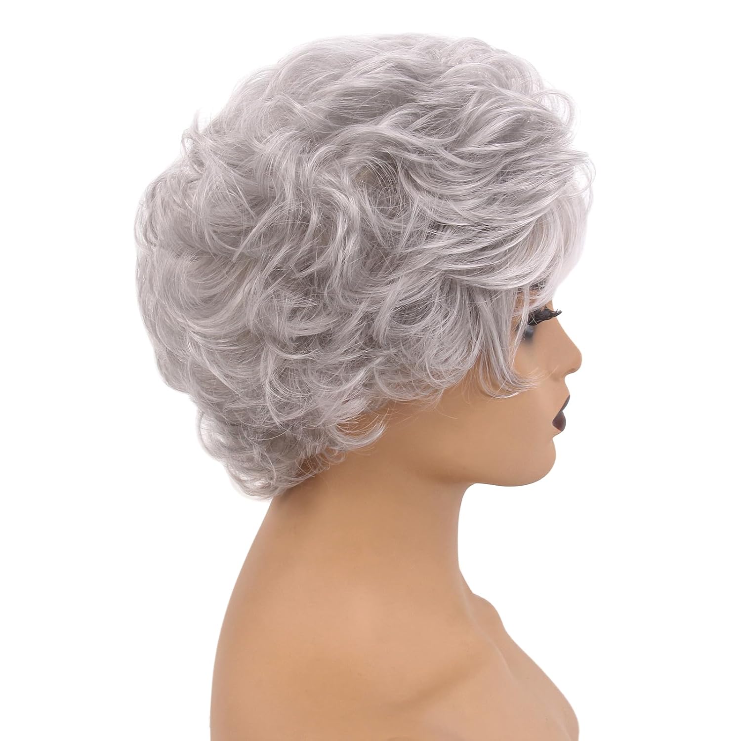 Short Silver Grey Curly Wigs for Women Heat Resistant Synthetic Hair Water Wave Womens Wigs for Old Lady Mrs Claus Wig (Grey&White)