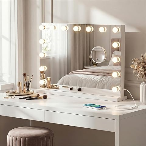 Bayt Hollywood Espejo 58 x 46 cm, Espejo Maquillaje con 15 Luces, Espejo de Aumento 10x, Regulable, Ampliación, Blanco