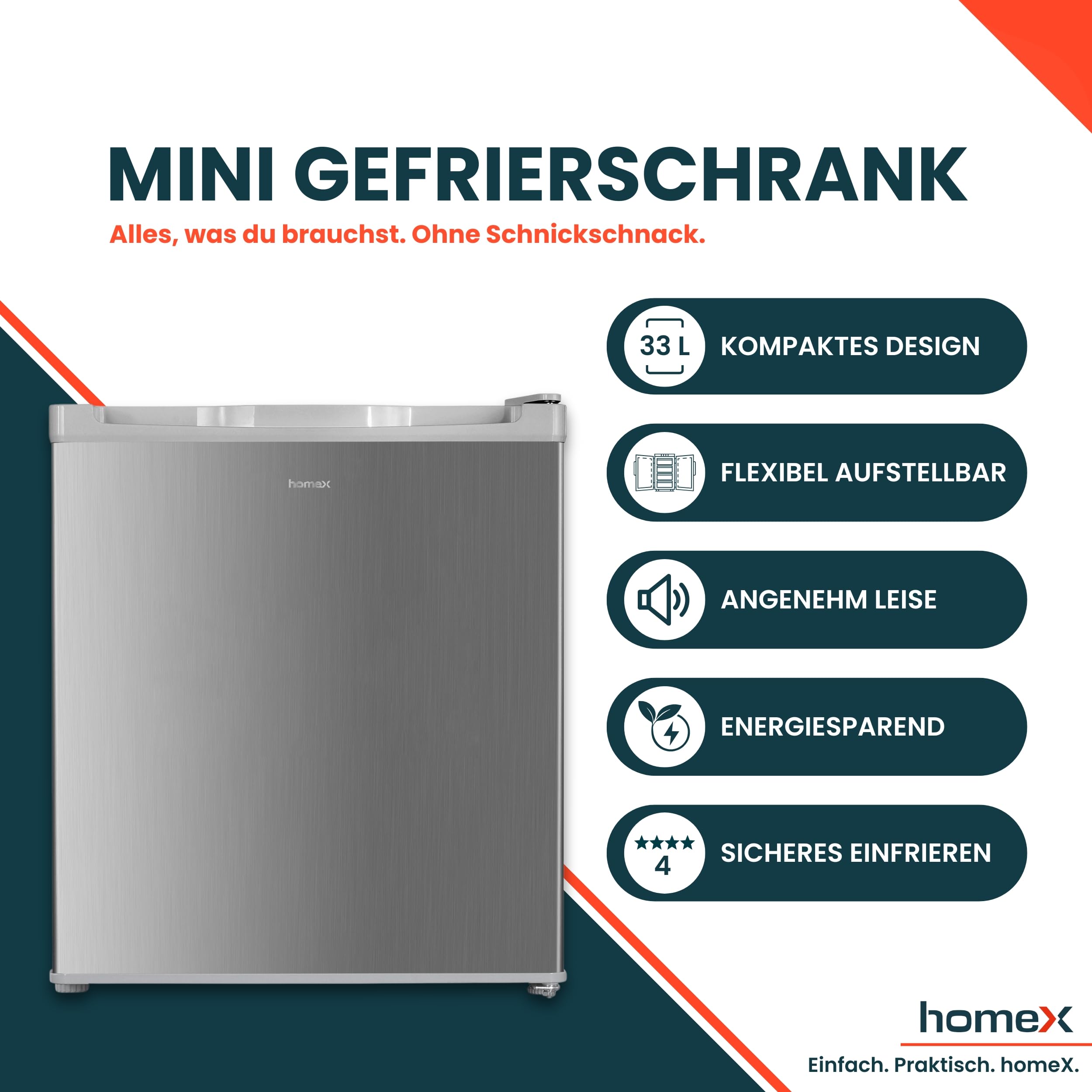 homeX Mini Gefrierschrank 33L 4-Sterne Gefrierbox freistehend mit Temperaturregelung silber FM1015-S