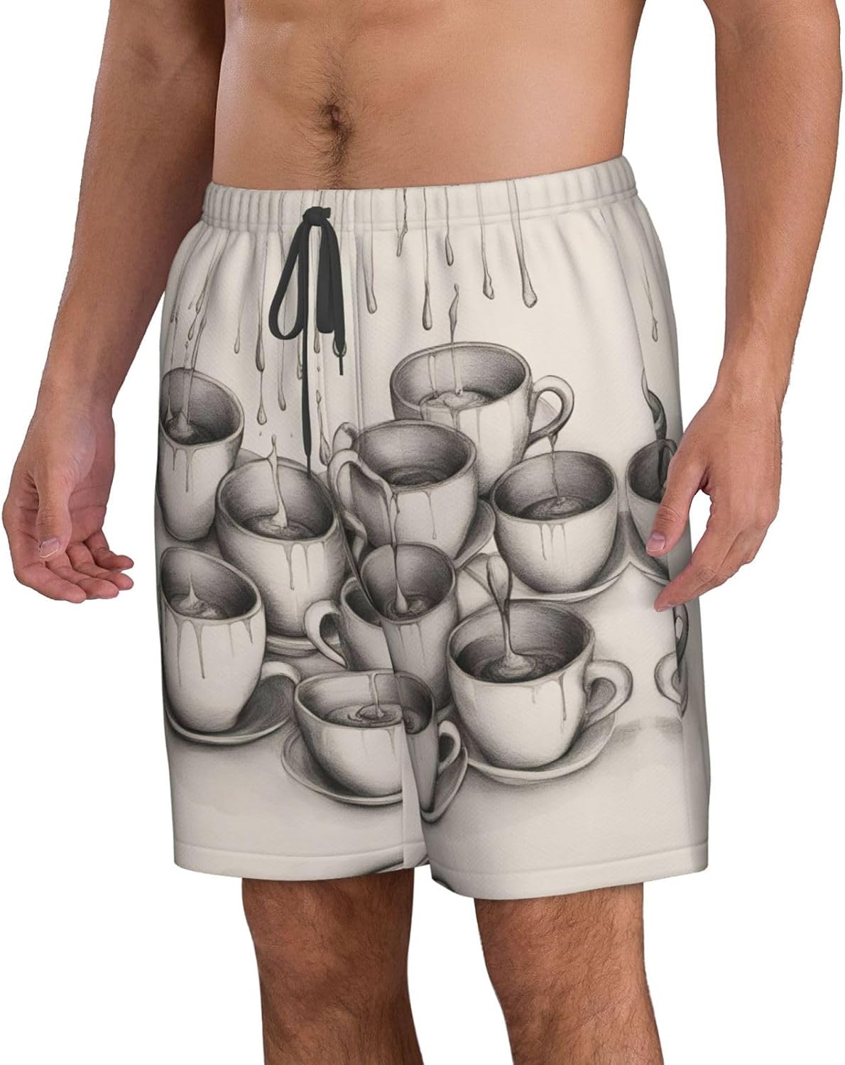 Hand Drawn Teapots and Cups Print Men's Quick-Drying Shorts Casual Beach Pants Stretch Waist Shorts and Pockets