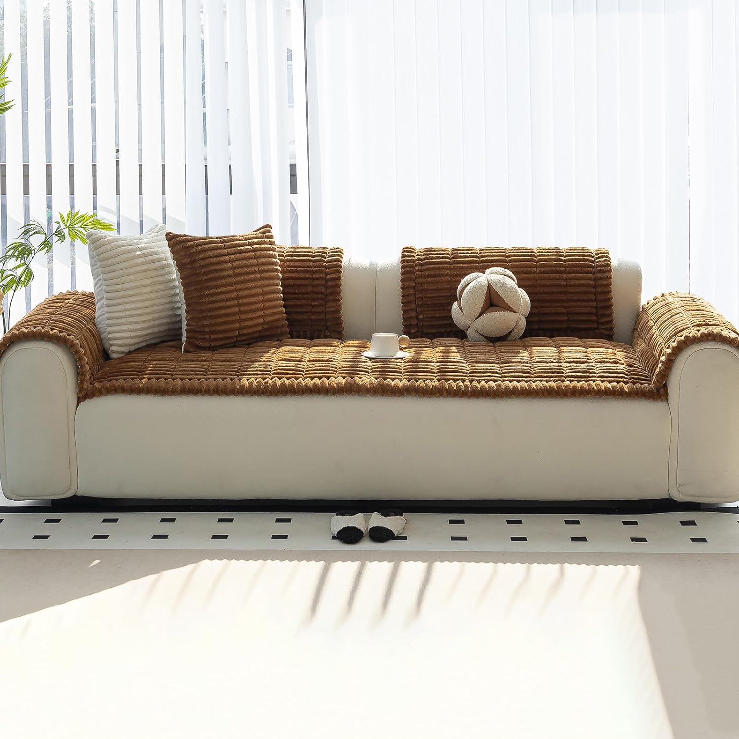 Sofa Couch Cover, Sofa Covers for Dogs Washable, Non-Slip Striped Sofa Slipcovers for Sectional Sofa, Sofa Cover Furniture Protector for L Shaped(Light Brown, 27.6"x 70.9")