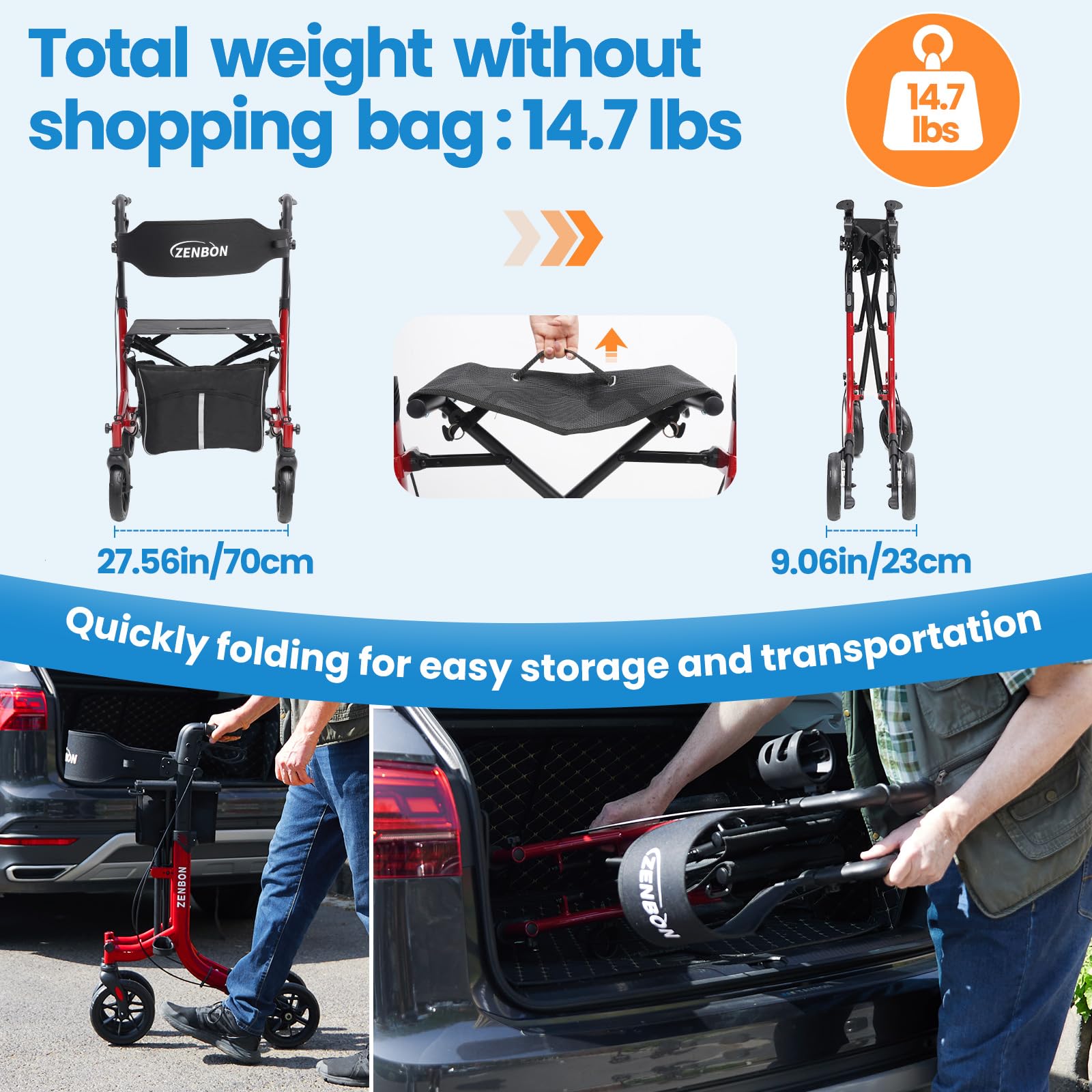 Andador para Ancianos Plegable: Andador Estrecho con Asiento para el Hogar Andador para Personas Mayores - Andador de viaje Aluminio con asa de Altura Ajustable para Aire Libre (Rojo)