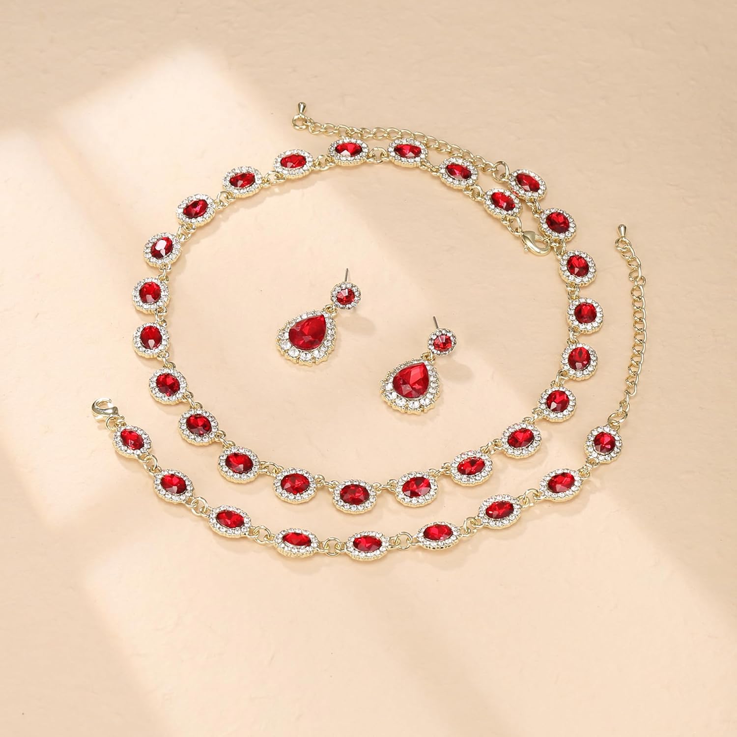 Crysdue Wedding Jewelry Set for Women Brides Oval Rhinestone Crystal Collar Necklace Link Bracelet Teardrop Pierced Dangle Earrings for Prom Party - Image 4