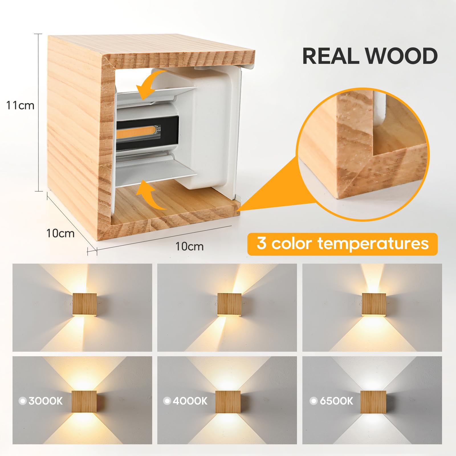 LED Wandleuchte Innen Holz Wandlampe, Dimmbar Wandleuchte Holz Vintage 6W LED Wand 3000K/4000K/6000K Weiß Up Down Flurlampe Einstellbar Abstrahlwinkel Holzlampe für Wohnzimmer Flur, 2PCS