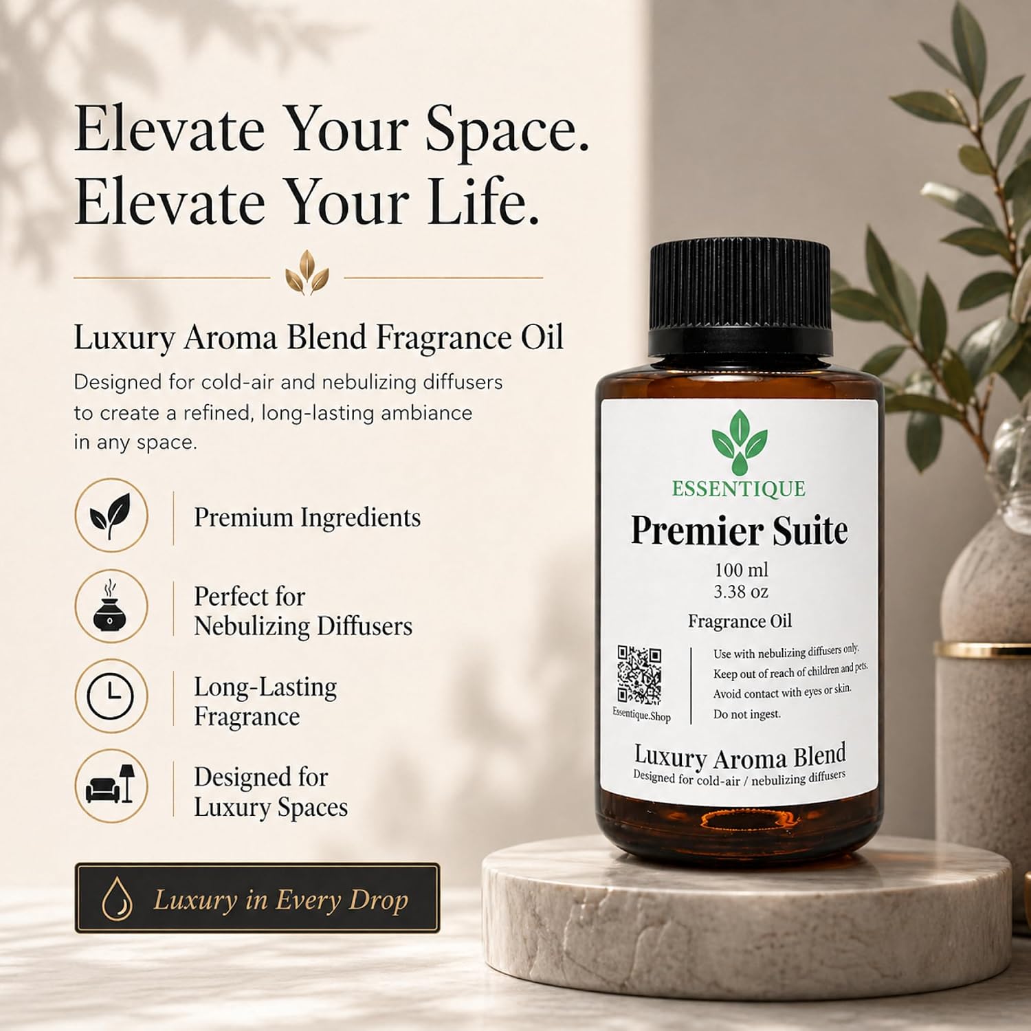 Hotel Diffuser Oil Refill, Premier Suite Fragrance Oil, 100mL | Fresh coastal aromatherapy scent with ocean breeze, lily, oakmoss and musk for cold-air diffusers and waterless nebulizers.