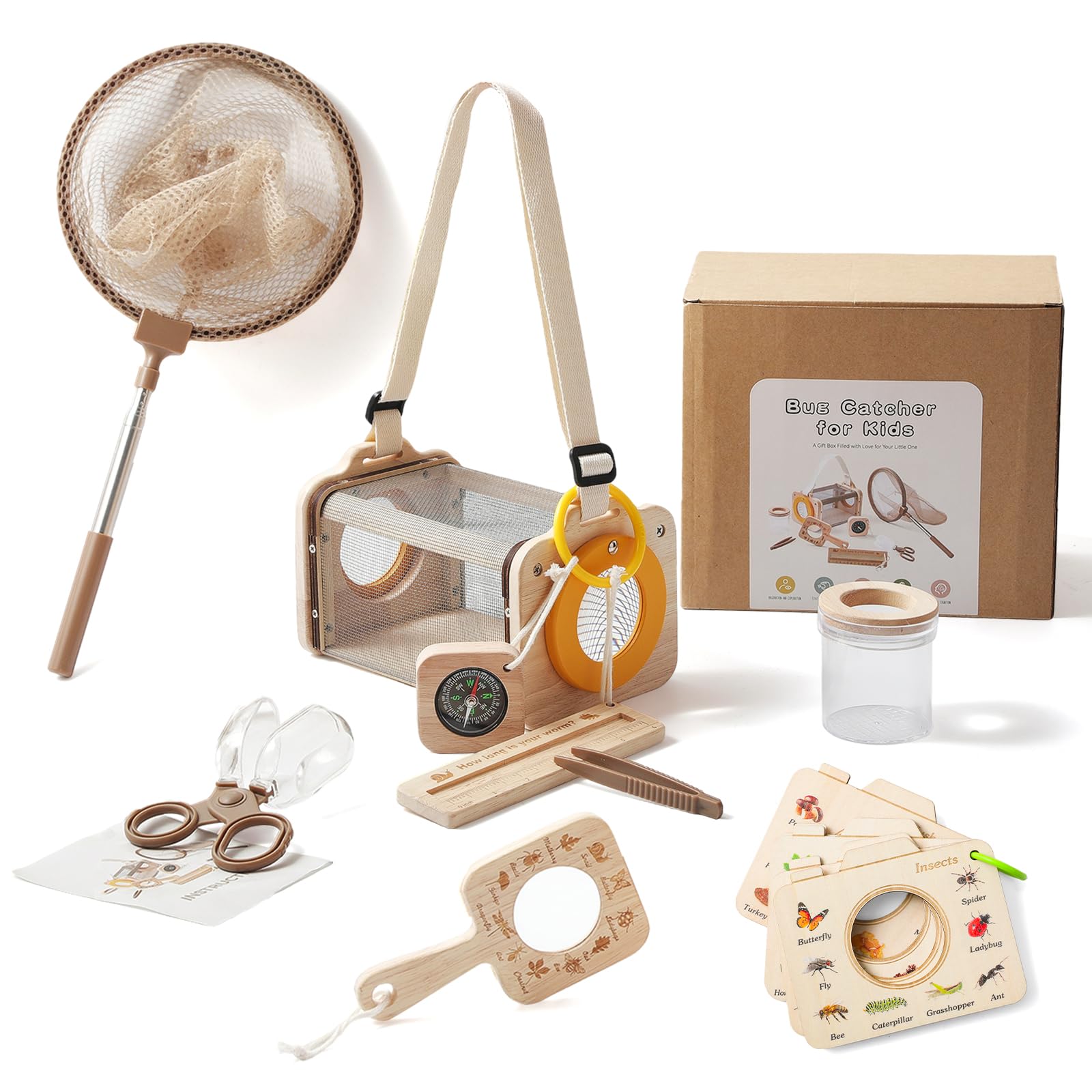 WOODEN TEETHER Set de investigadores para niños, Regalos para niños y niñas, Regalo para y niñas, Camping, exploración de la Naturaleza,(9 Piezas)