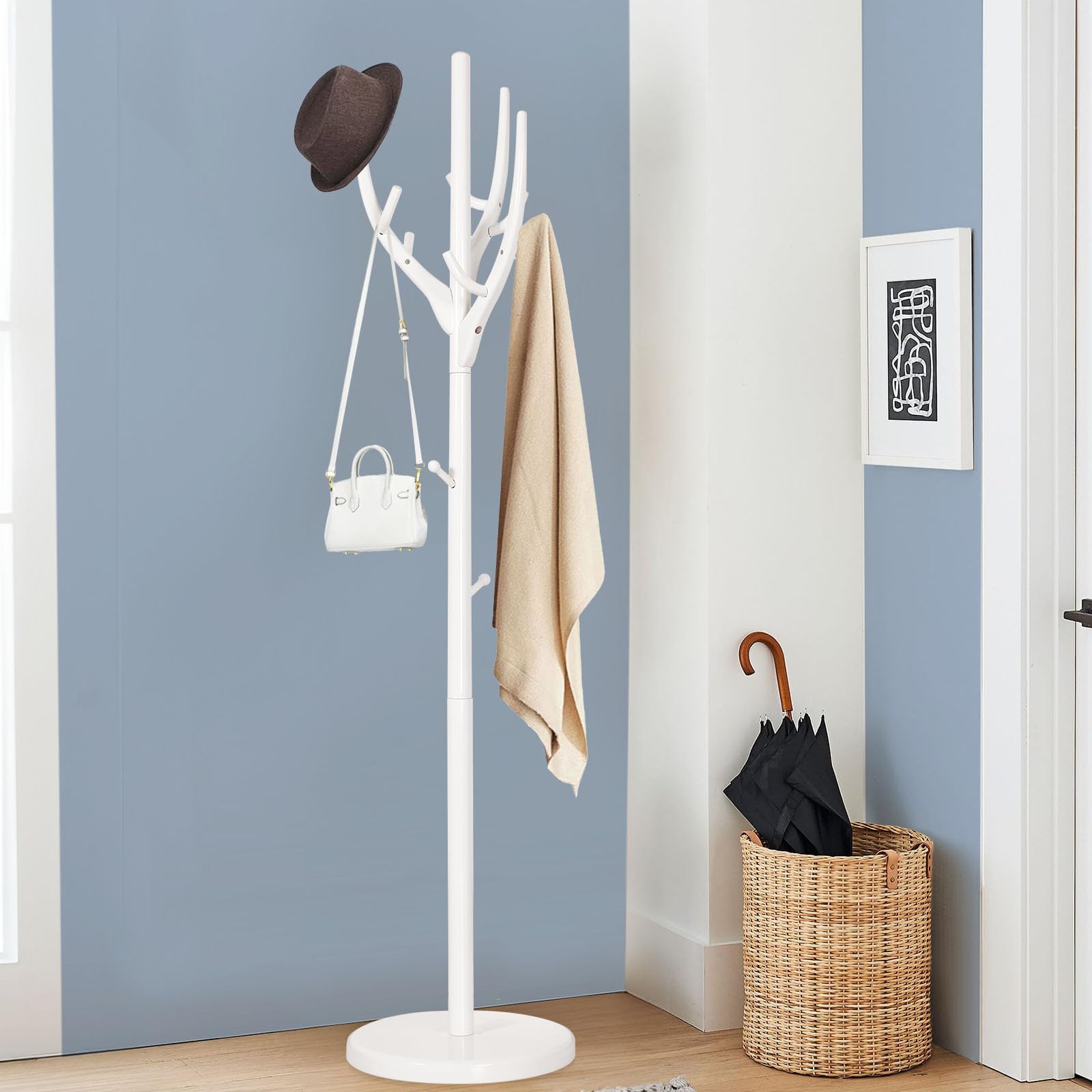 Bekrvio Unique Design Coat Rack Stand, Wooden Coat Rack Freestanding with 16.5" Round Base, Tree Branch-look, 72" Coat Tree Standing Heavy Duty Clothes Hanger with 12 Hooks for Corner Entryway, White