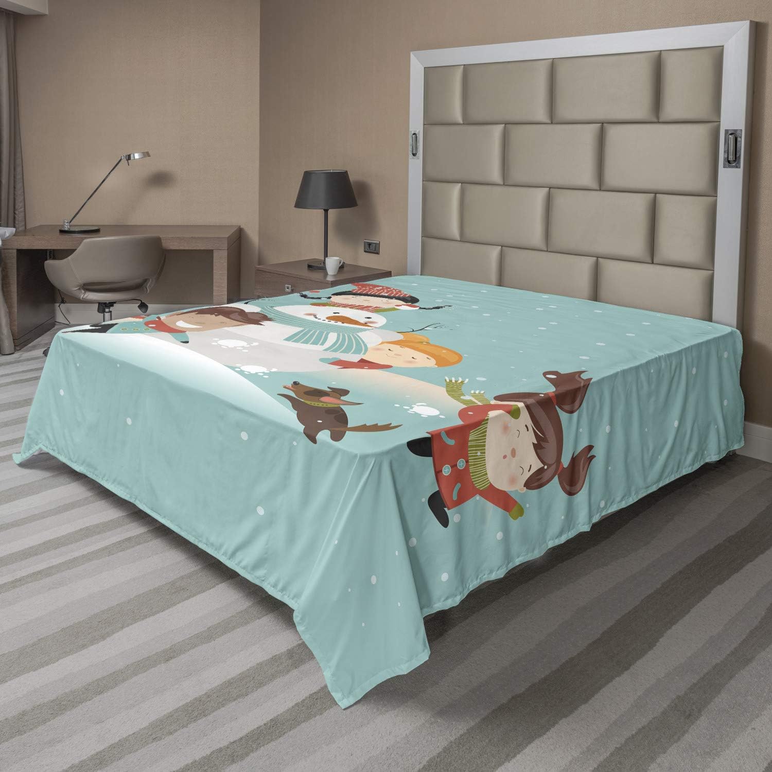 Ambesonne Winter Flat Sheet, Cartoon of with Dog Having Fun Playing Snowball Fight Snowman Happiness Print, Soft Comfortable Top Sheet Decorative Bedding 1 Piece, Full Size, Multicolor