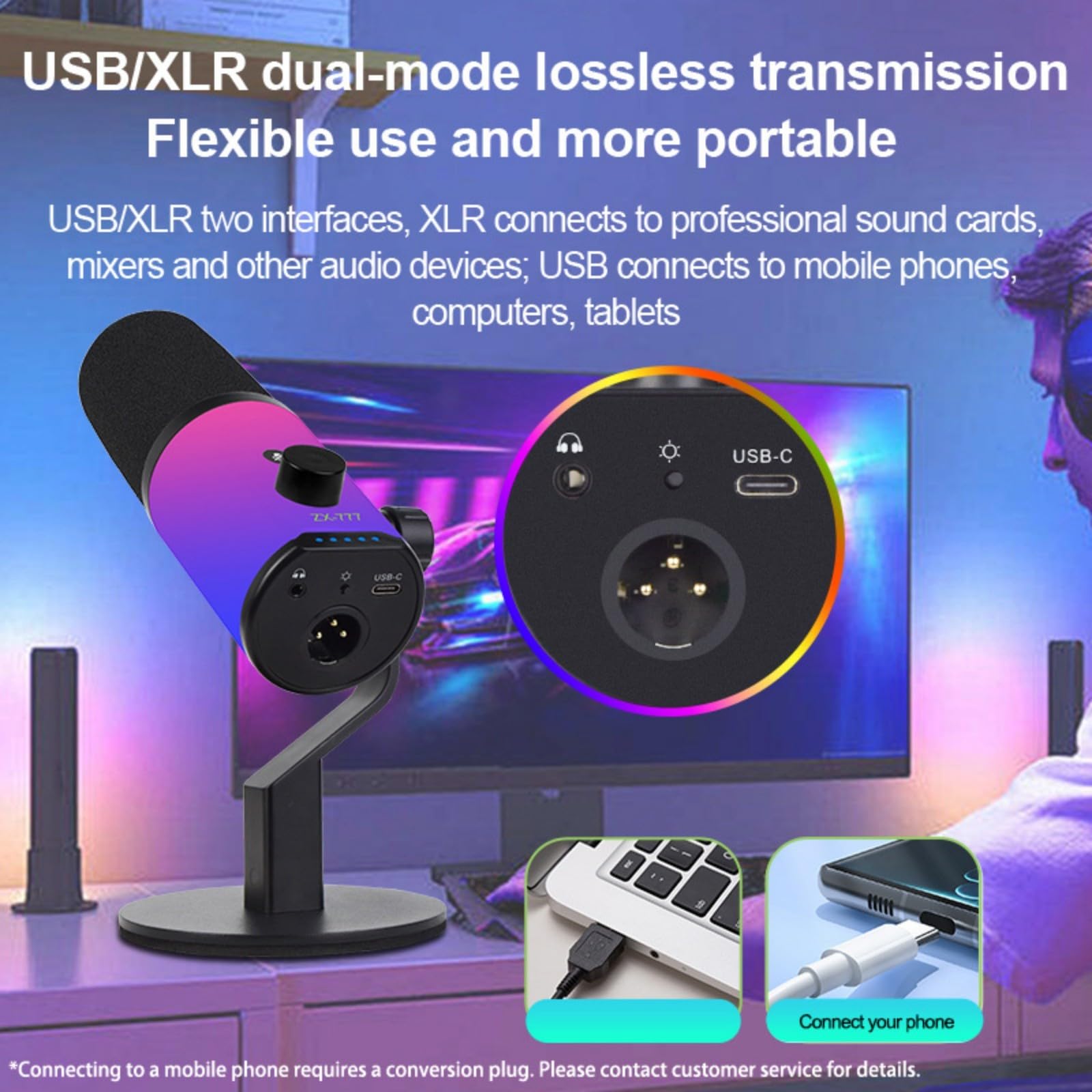 Microfono USB Power con suono di qualità da studio, illuminazione a colori, controllo rapido della sensibilità, microfono USB per streaming antiurto con illuminazione dinamica