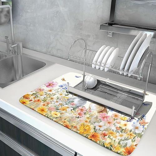 Vista 290 de Daisy On Old - Tapete de secado de platos de madera para encimera de cocina, tapete de secado de madera turquesa de 18 x 24 pulgadas con tapete