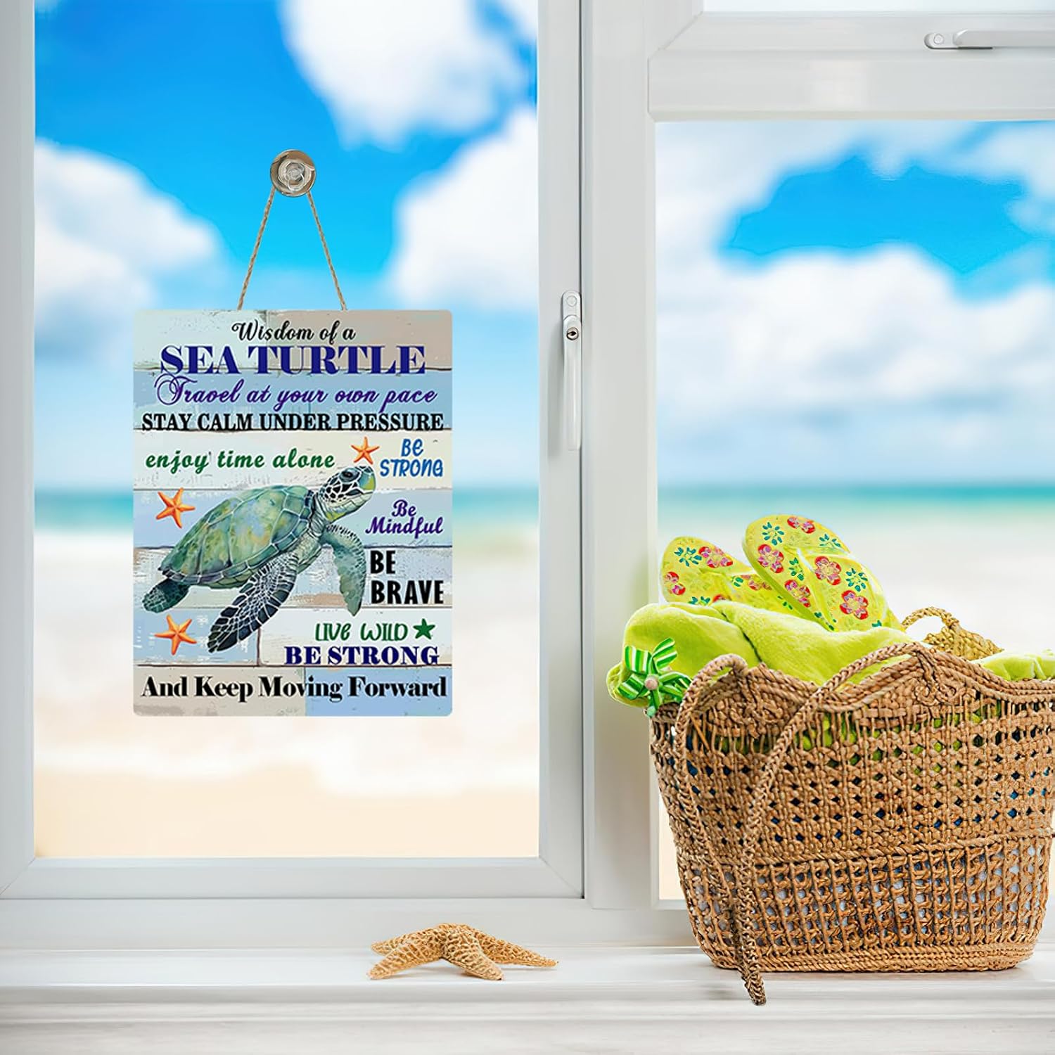 Wisdom of a Sea Turtle Inspirational Front Door Sign, Coastal Beach Wooden Hanger Outdoor Outside Home Decor Gifts for Turtle Lovers, Nautical Farmhouse Wreath Indoor Wall Hanging Decoration