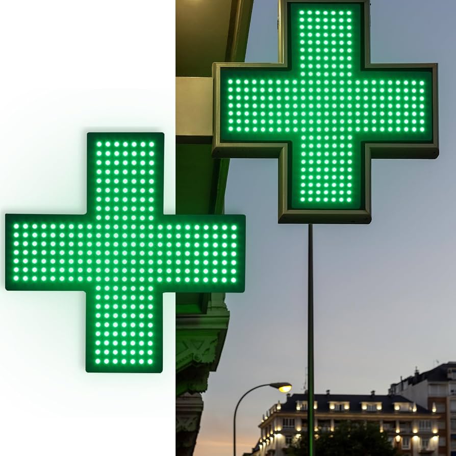 Cruz Médica LED Para Farmacia - 18 Pulgadas, Luz Verde, 3 Modos (fija, Intermitente, Animada), Con Cadena Colgante