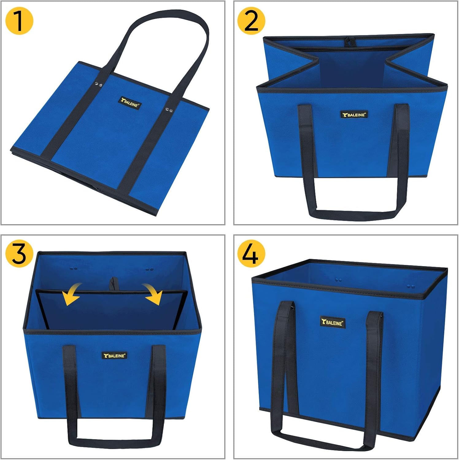 BALEINE 3Pk Reusable Grocery Bags, Foldable Shopping Bags for Groceries with Reinforced Bottom & Handles (Blue)