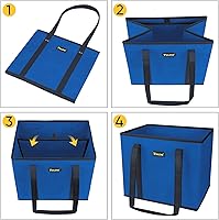 Vista 7 de BALEINE Paquete de 3 bolsas de comestibles reutilizables, bolsas de compras plegables para comestibles con parte inferior reforzada y asas (azul)