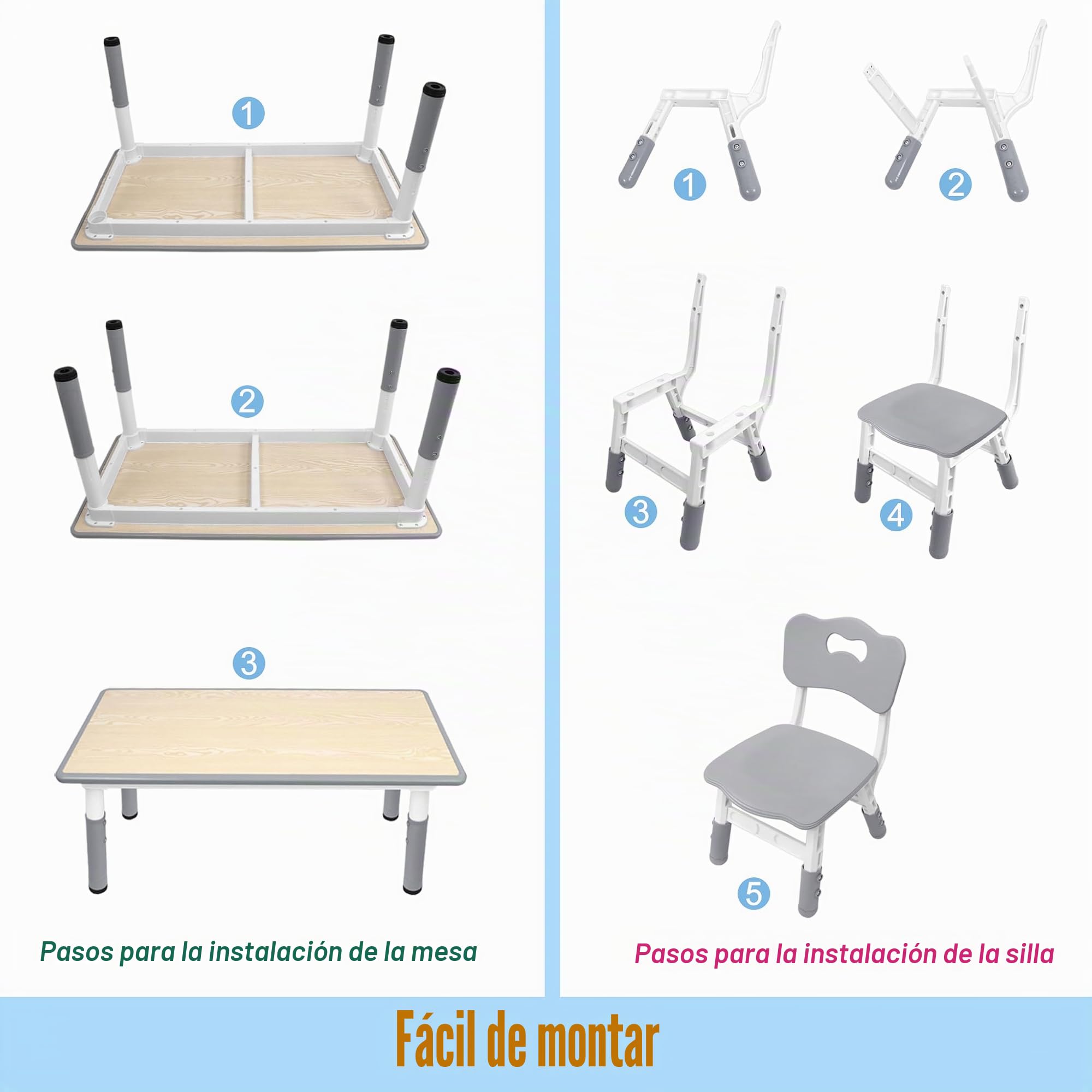 Aufun Mesa para niños con 4 sillas, Grupo de Asientos para niños Regulable en Altura, Juego de sillas de Mesa para jardín de Infancia y habitación Infantil, Mesa de Pintura fácil