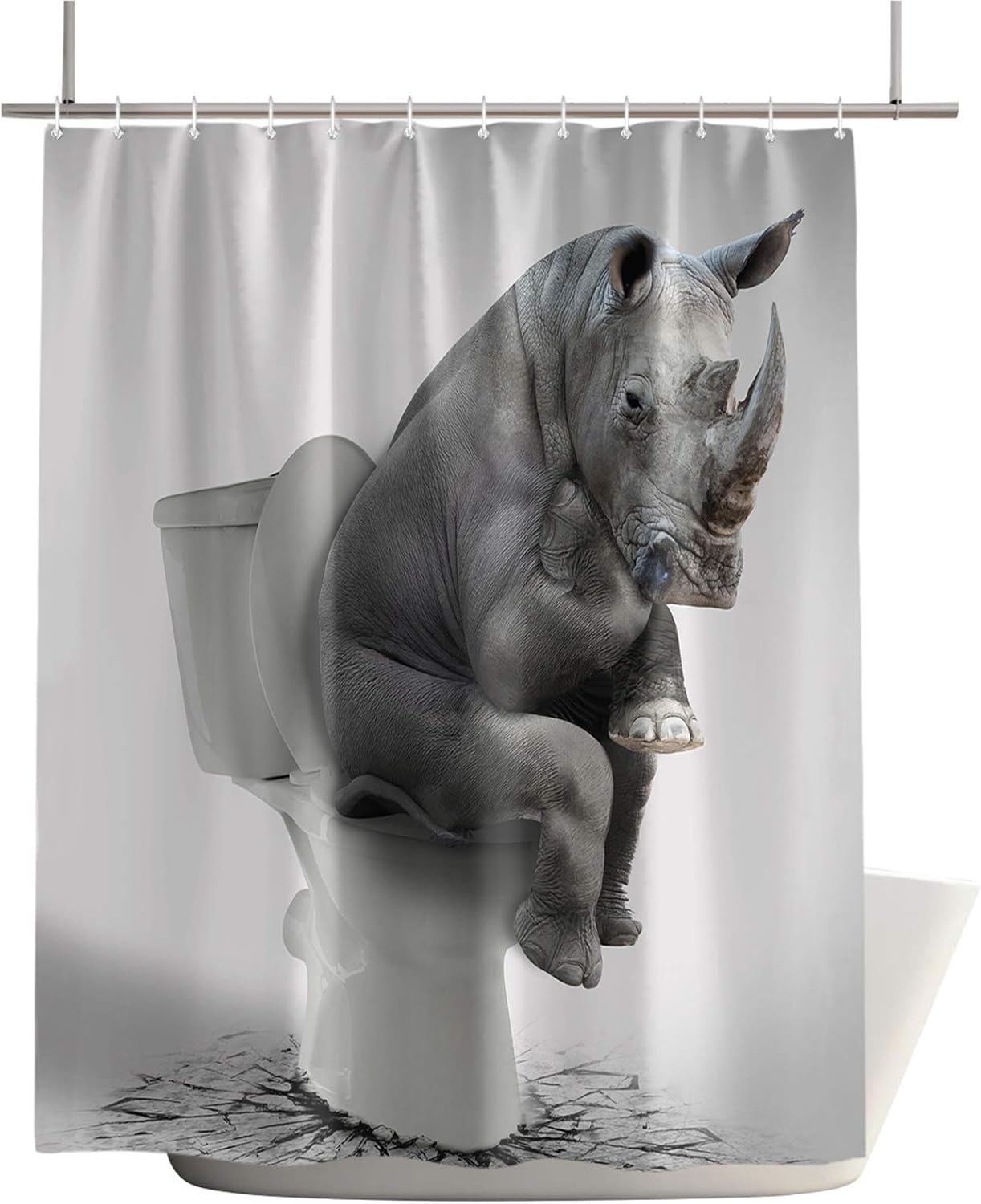 Shower Curtain Sets for Bathroom Rhino Sitting on The Toilet Home Decoration Waterproof Fabric Machine Washable Curtains with Hooks,Funny Animal Grey Art 72x72in