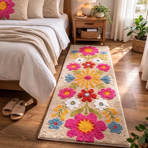 Roseate Tan Daisy Runner (50x125 cm) 100% Cotton 2000 GSM Anti Skid mat for Bedroom/Carpets for Living Room/Kitchen Mats f...